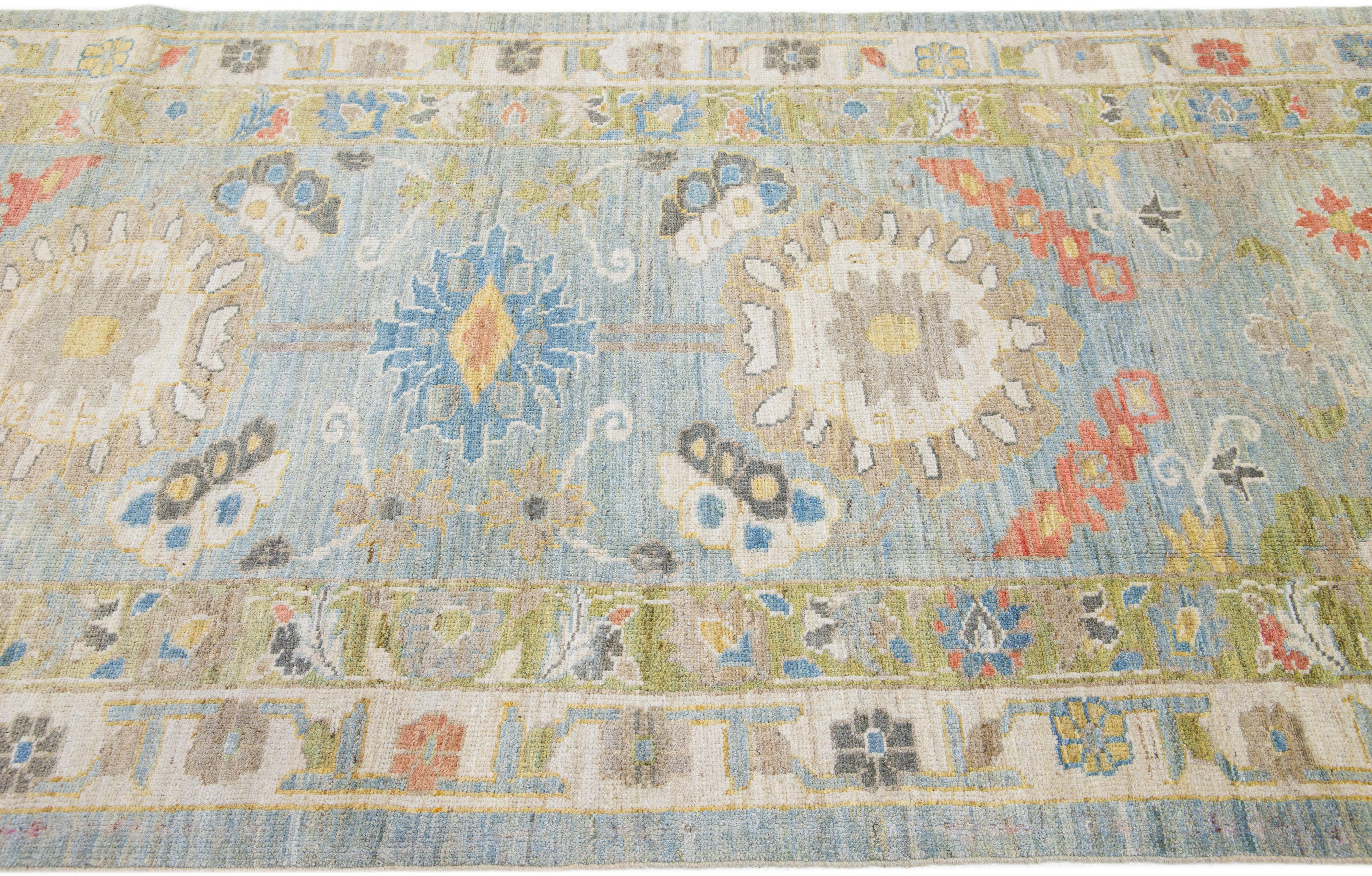 Modern Floral Sultanabad Light Blue Wool Runner In New Condition For Sale In Norwalk, CT