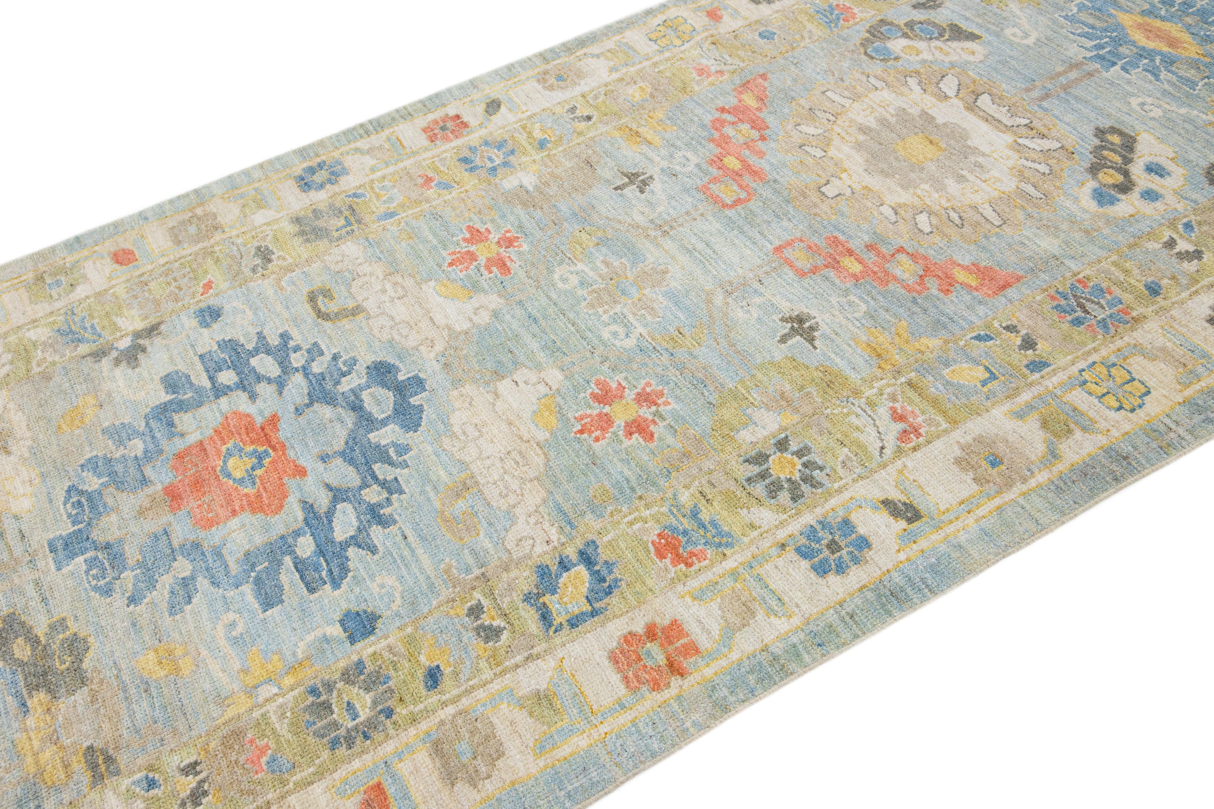Contemporary Modern Floral Sultanabad Light Blue Wool Runner For Sale