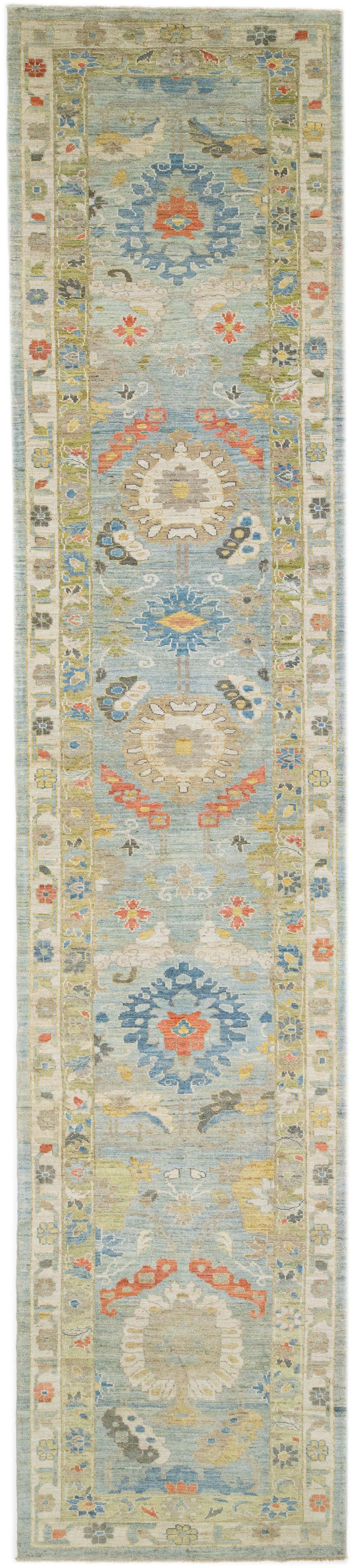 Modern Floral Sultanabad Light Blue Wool Runner For Sale