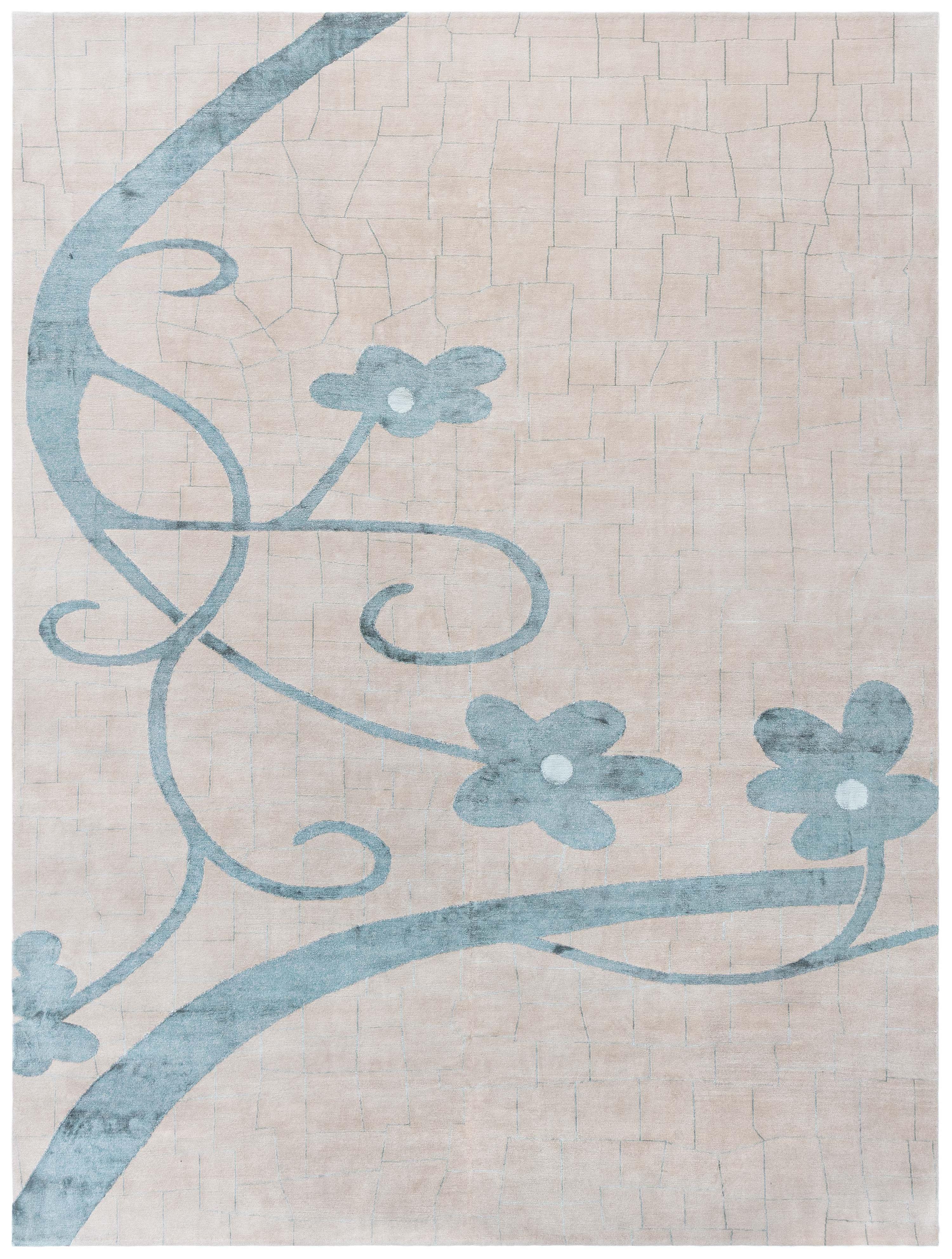 Tapis floral tibétain moderne fait main en soie et laine par Doris Leslie Blau en vente