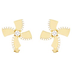 Modern Flower Fan Diamond Earrings Yellow Gold Large Oversized Statement 14K Modern Flower Fan Diamond Earrings Yellow Gold Large Oversized Statement 14K