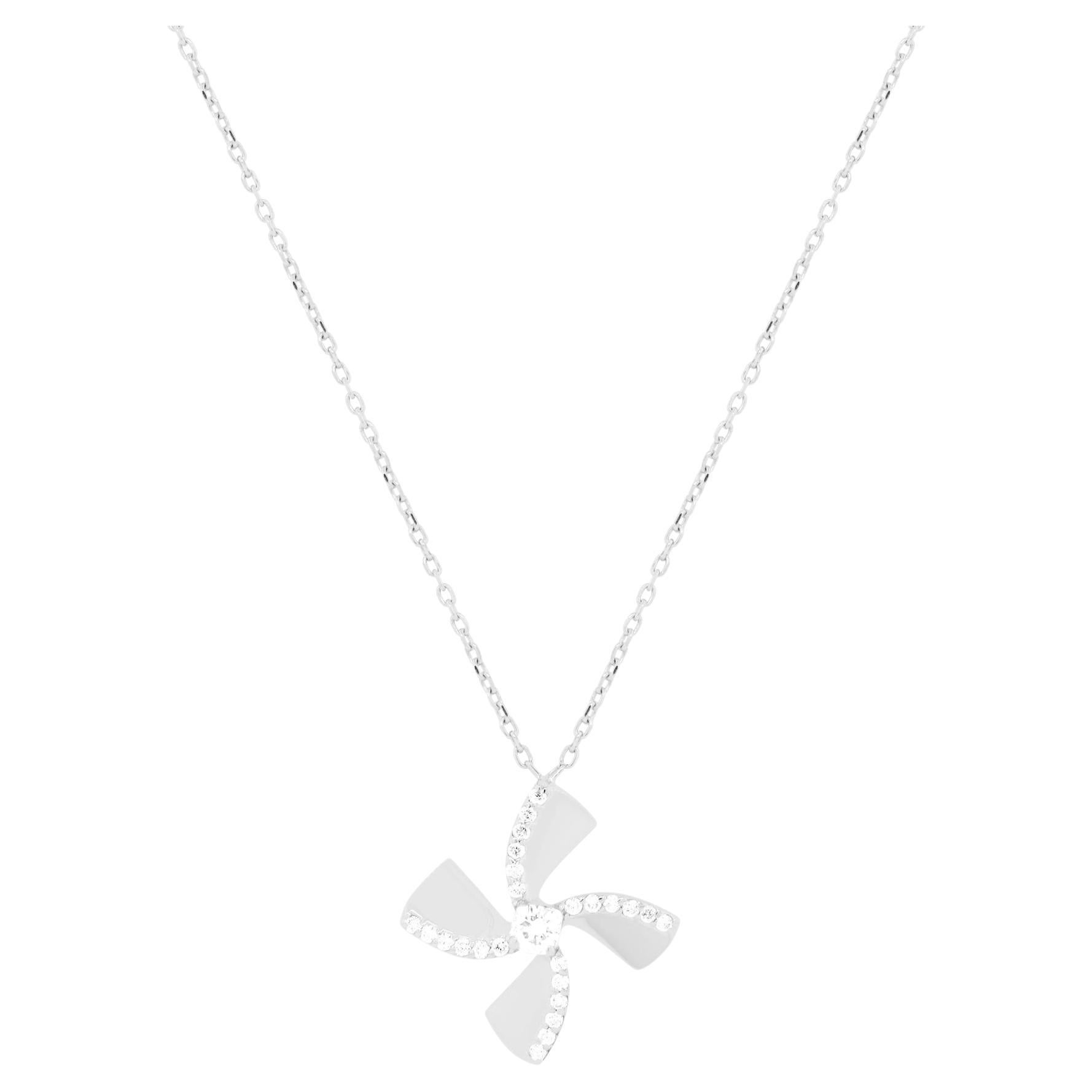 Large Geometric Modern Flower Fan White Diamond Pendant Necklace 14K