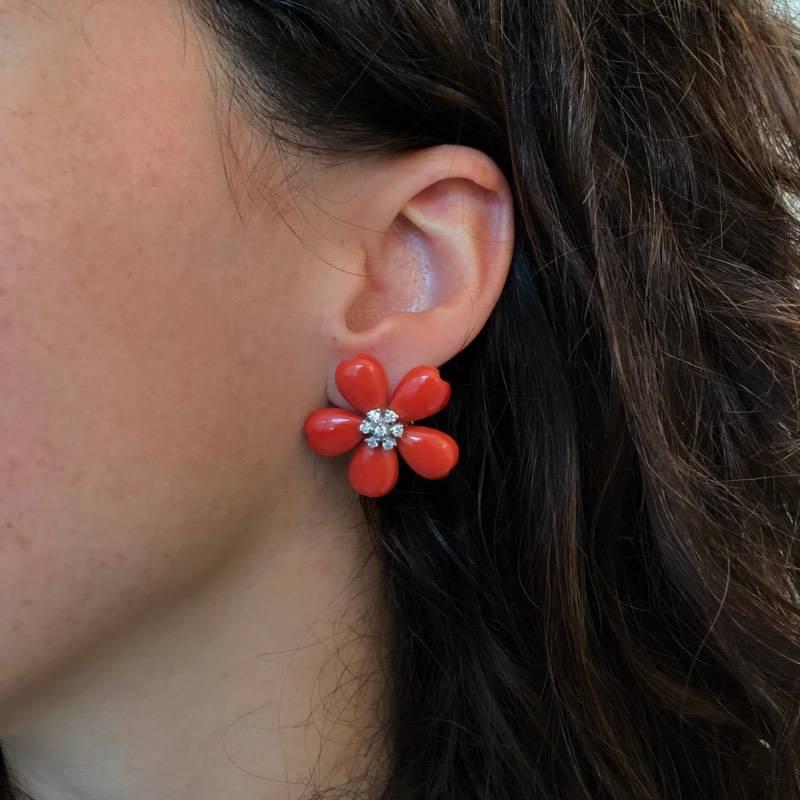 Women's or Men's Modern Flower Petals Corals and Brilliant cut Diamonds Earrings Clips