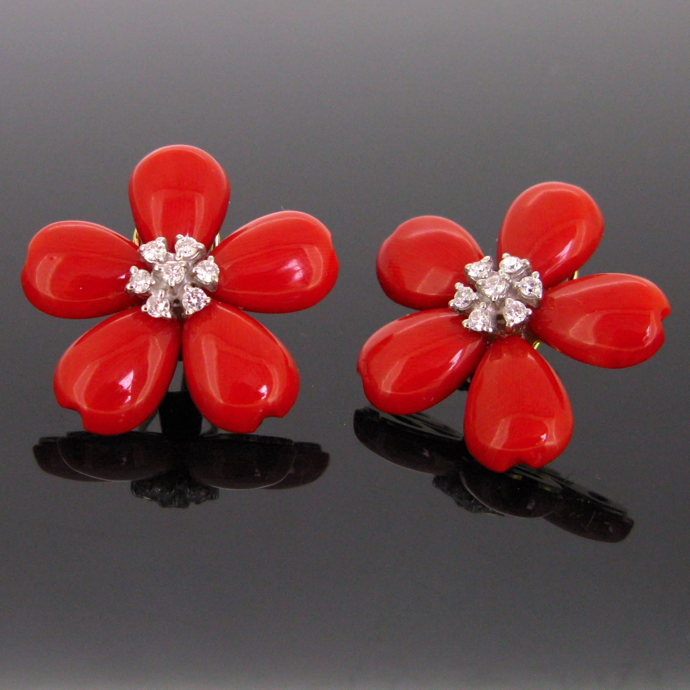 Modern Flower Petals Corals and Brilliant cut Diamonds Earrings Clips 1