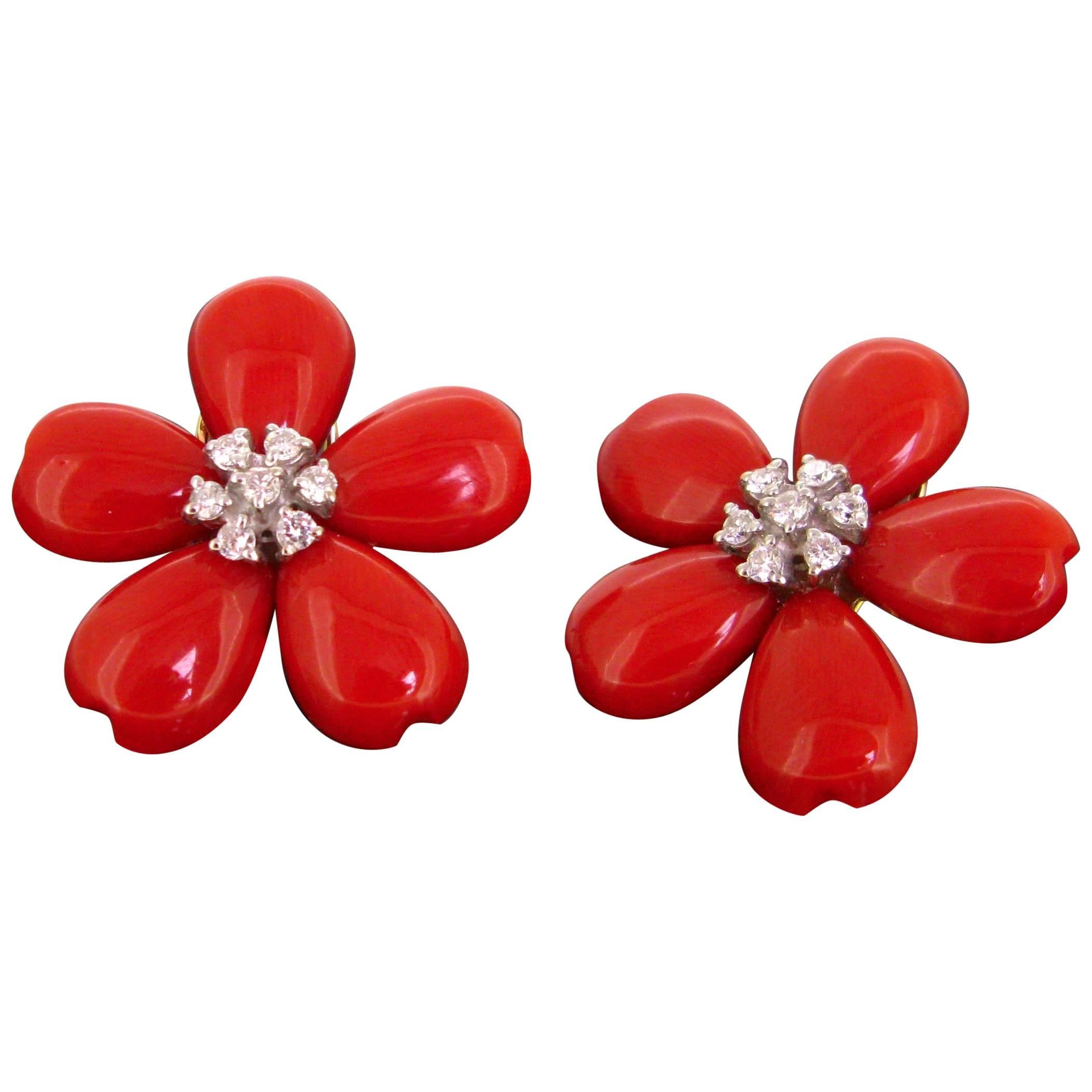 Modern Flower Petals Corals and Brilliant cut Diamonds Earrings Clips
