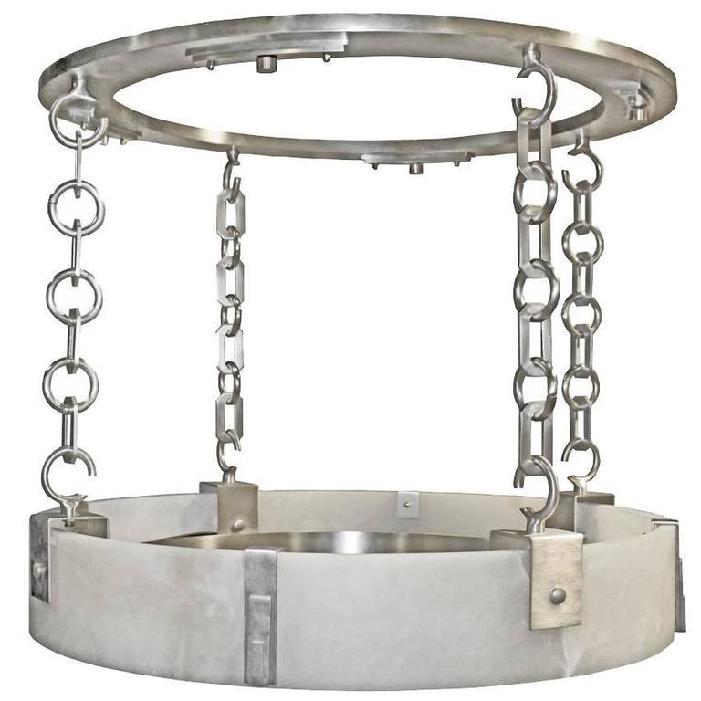Modern flush mount chandelier with large handmade 36 diameter natural spanish alabaster stone ring shade. The chandelier contains an open ring-canopy design with large custom made heavy-duty Links (3?), custom machined lag bolt caps and