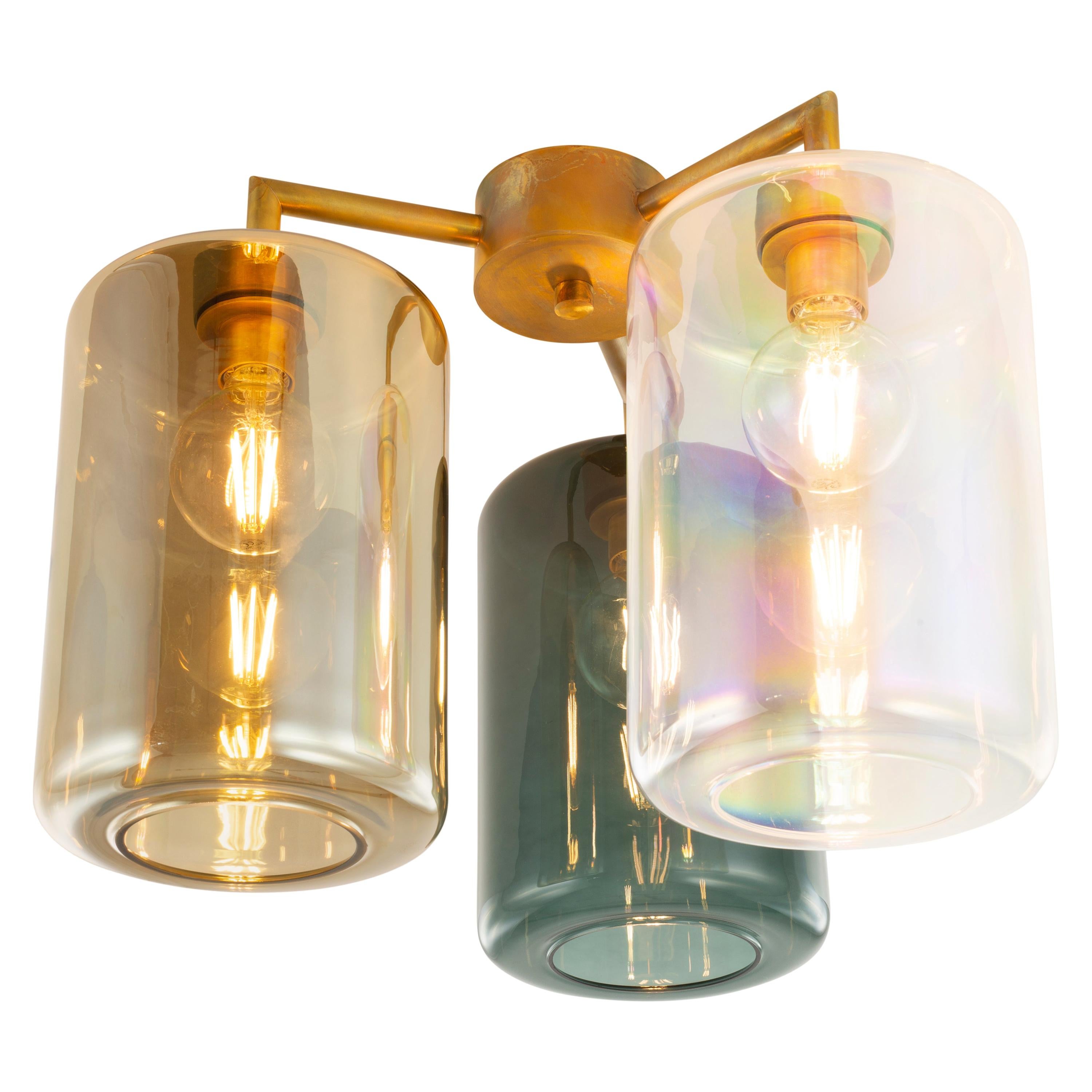 Modern Flush Mount with Colored Glass in a Brass Burnished Finish, Louise For Sale