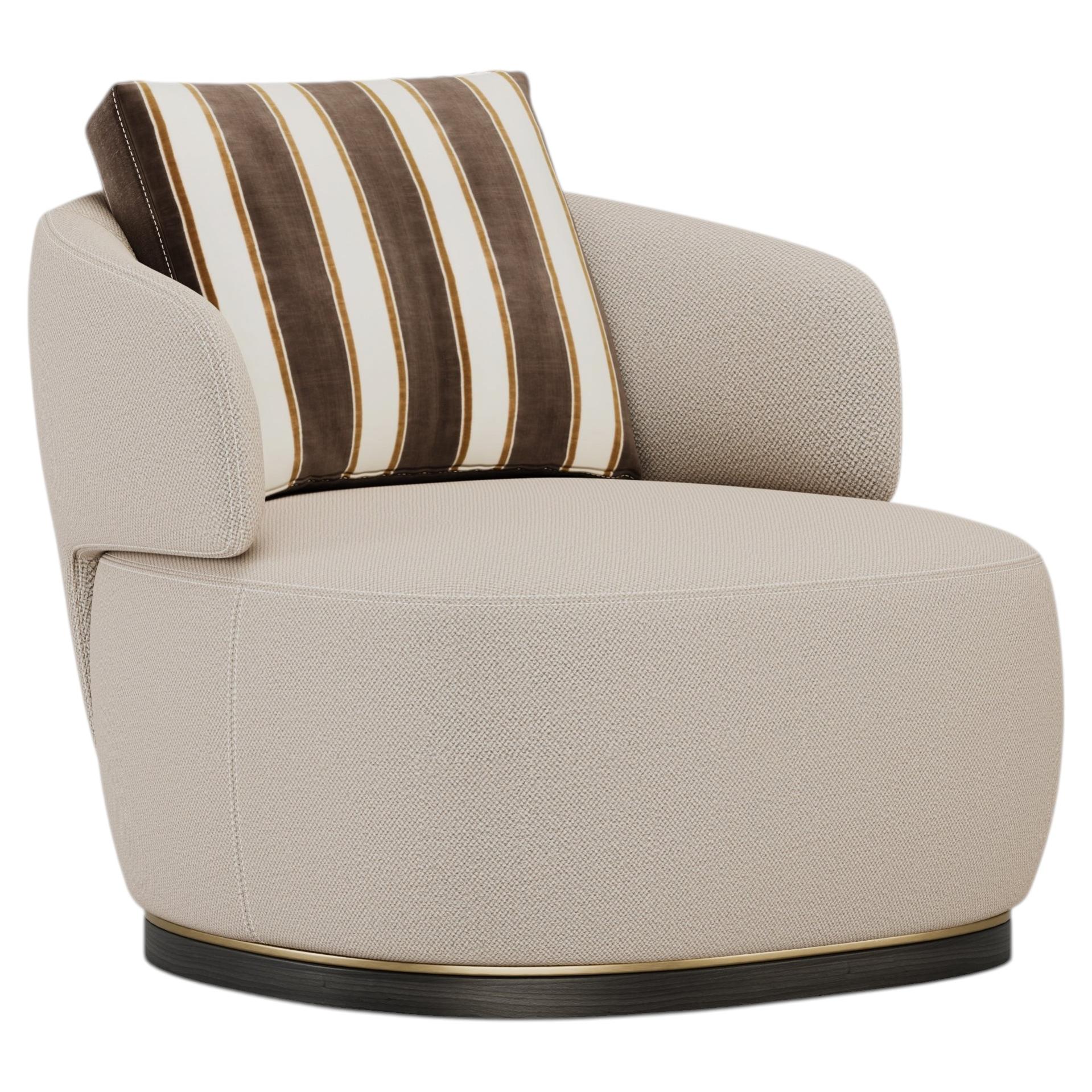 Modern Flux Armchair in Beige Fabric with Wooden Base and Metal Detail