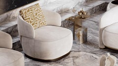 Modern Flux Armchair in Cream Fabric with Wooden Base and Metal Detail
