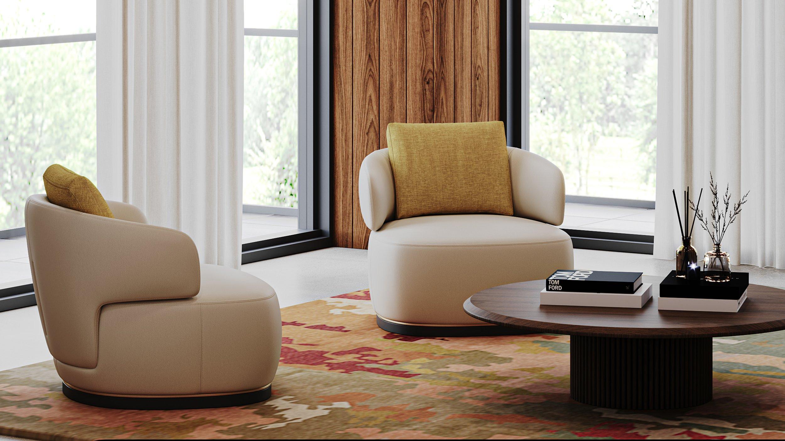 Mid-Century Modern Fauteuil moderne Flux en tissu crème avec base en bois et détails métalliques en vente