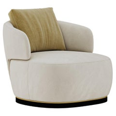 Modern Flux Armchair in Cream Fabric with Wooden Base and Metal Detail