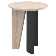 Modern Foice Travertine Side Table, Black Oak, Handmade by Greenapple
