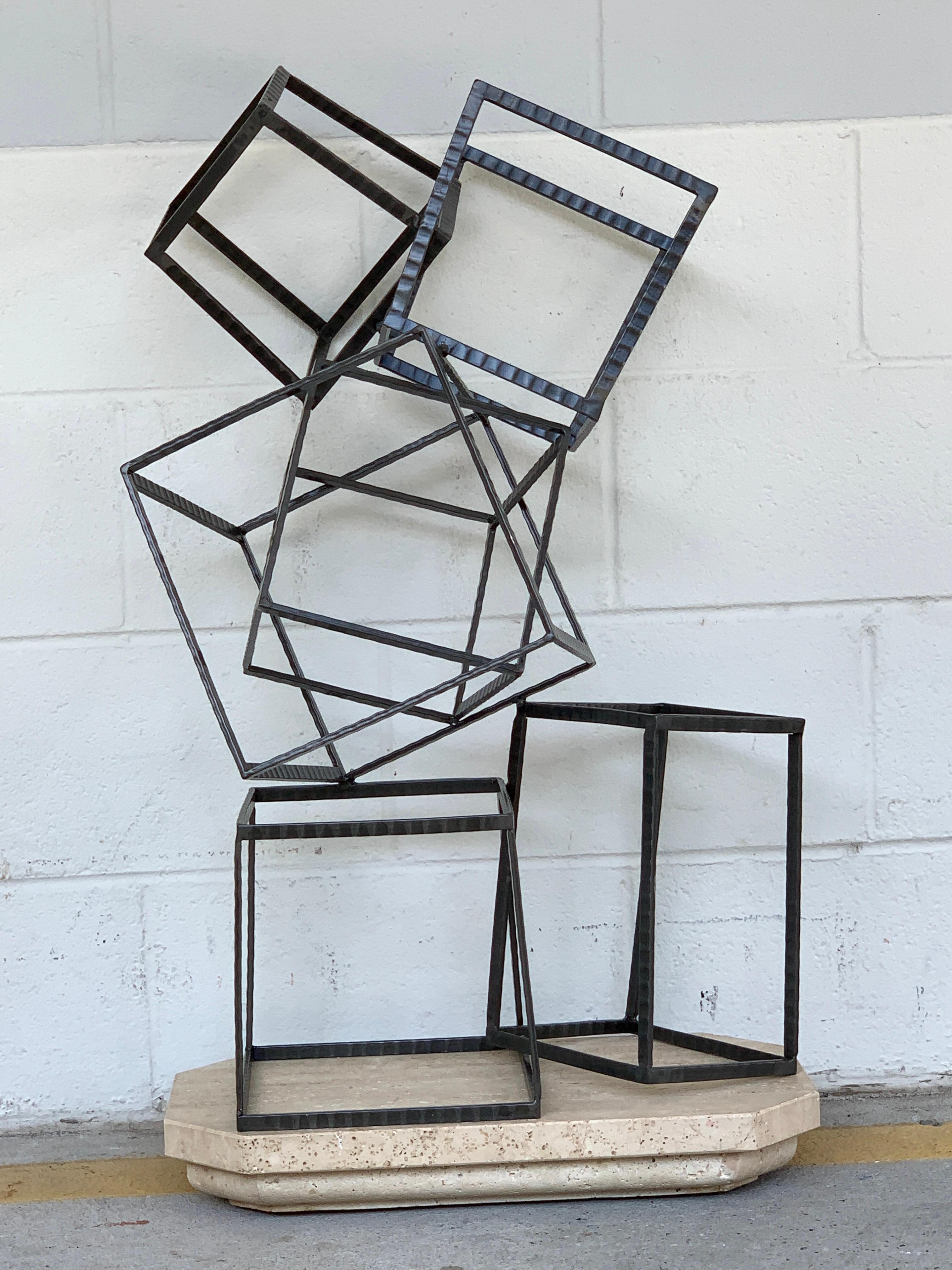 American Modern Forged Iron & Travertine Quadrilaterals Sculpture For Sale