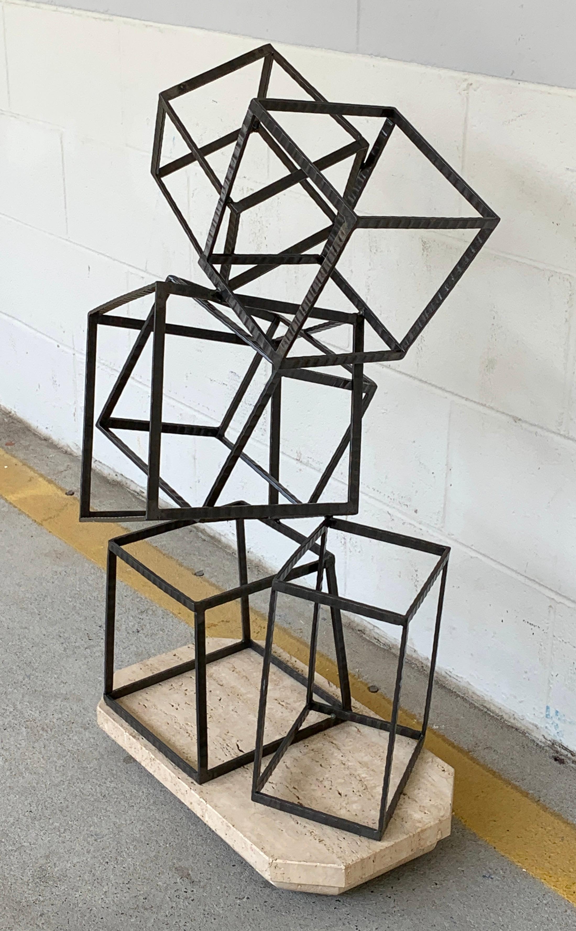 Modern Forged Iron & Travertine Quadrilaterals Sculpture In Good Condition For Sale In Atlanta, GA