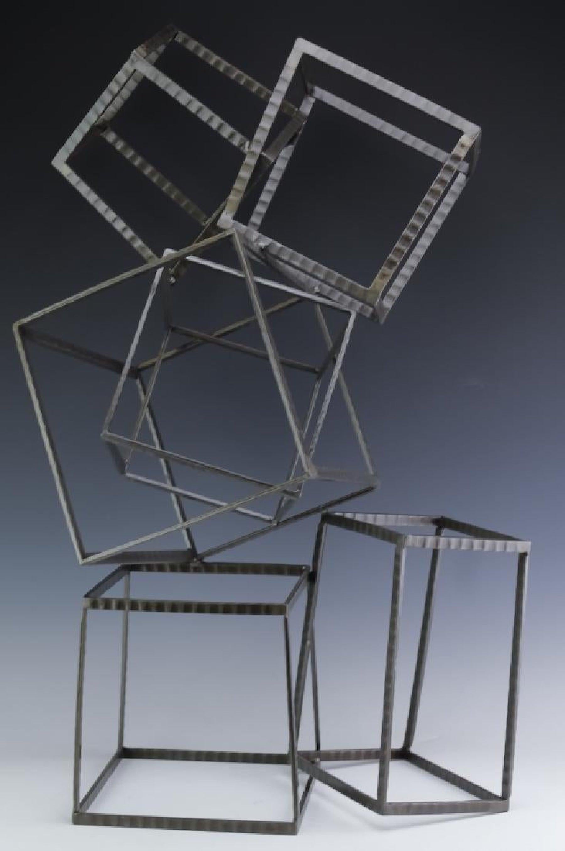 Modern Forged Iron & Travertine Quadrilaterals Sculpture For Sale 1