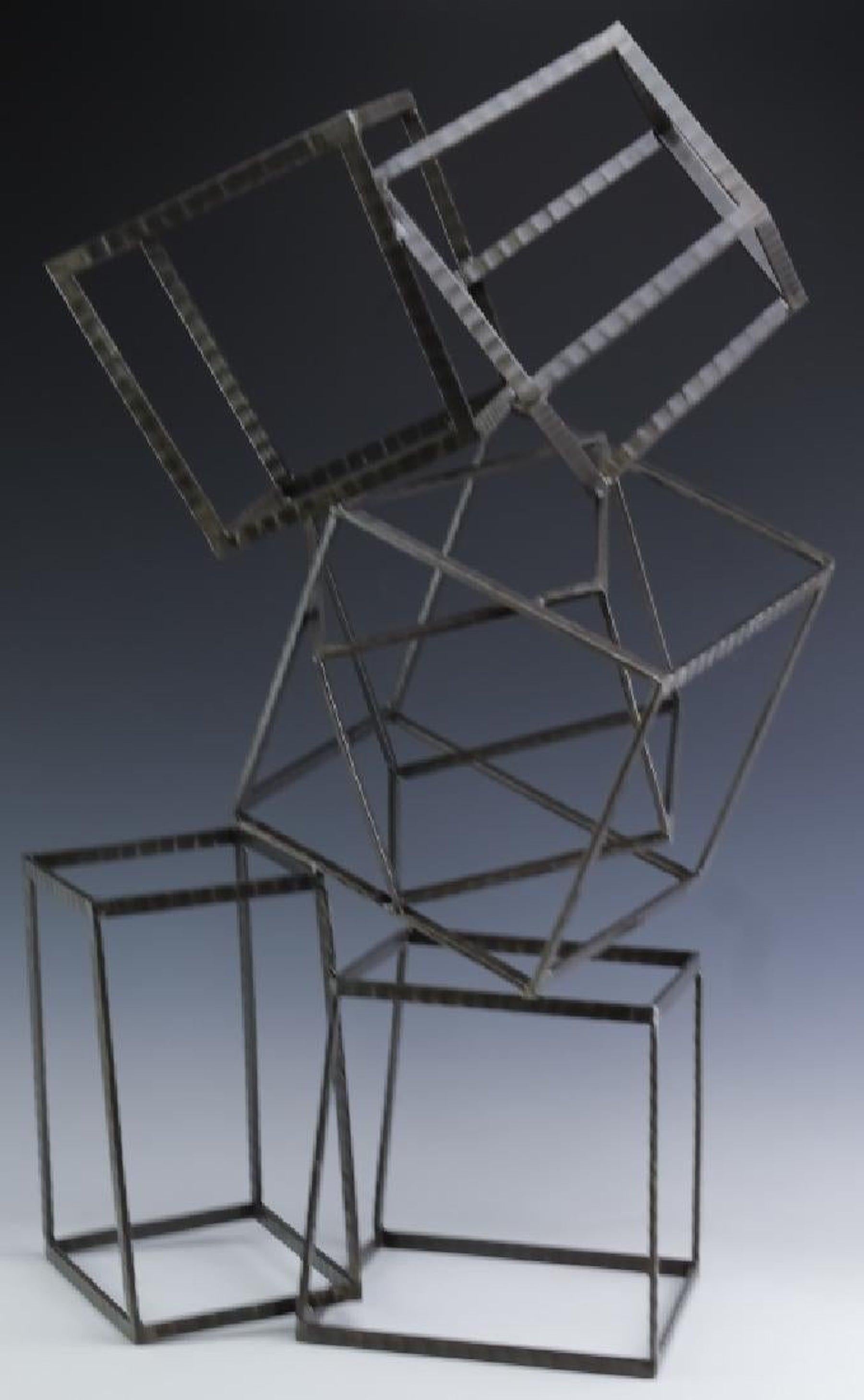 Modern Forged Iron & Travertine Quadrilaterals Sculpture For Sale 3