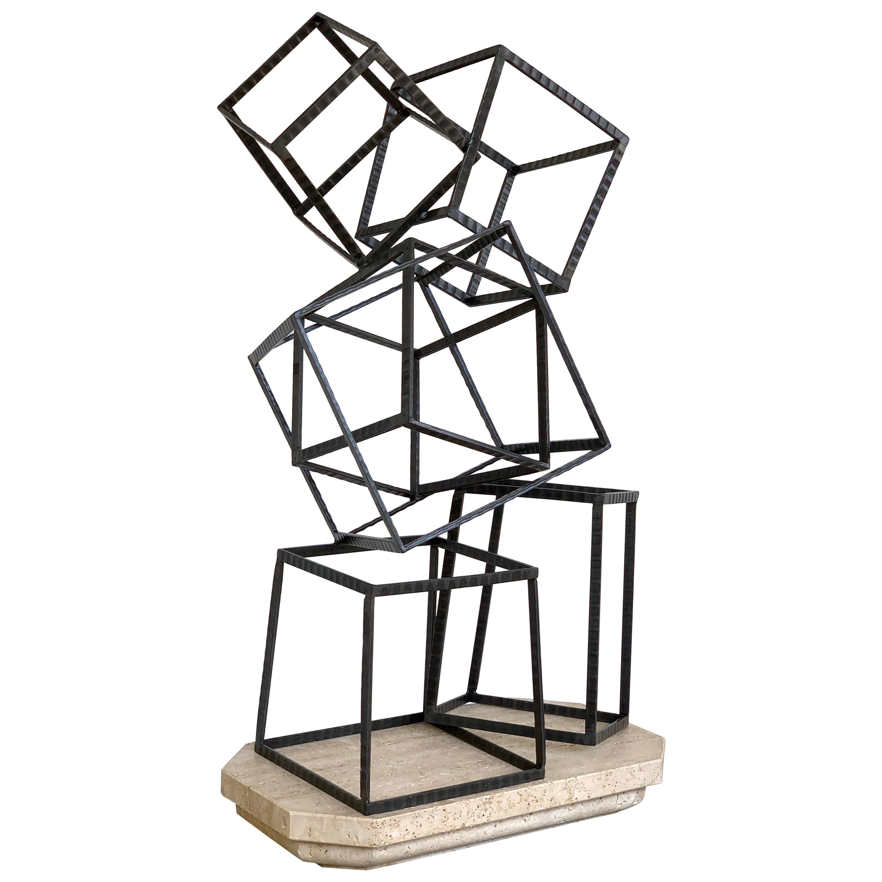 Modern Forged Iron & Travertine Quadrilaterals Sculpture For Sale