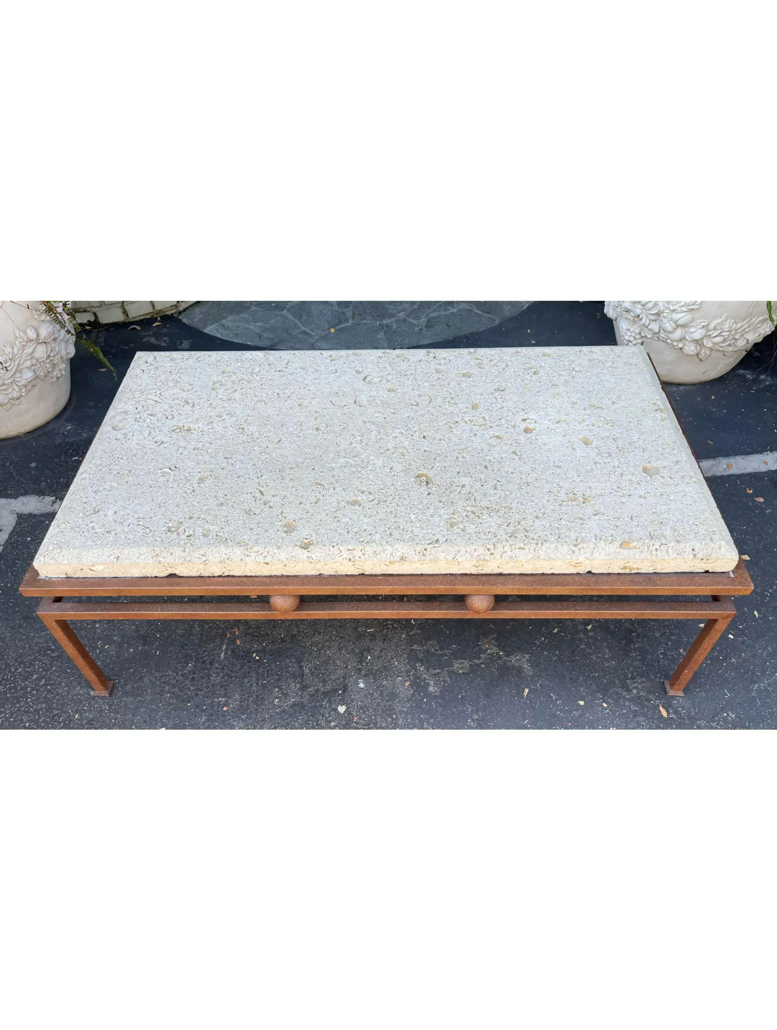 Modern Formations Iron & Fossil Shellstone Coffee Table, 1980s In Good Condition In LOS ANGELES, CA