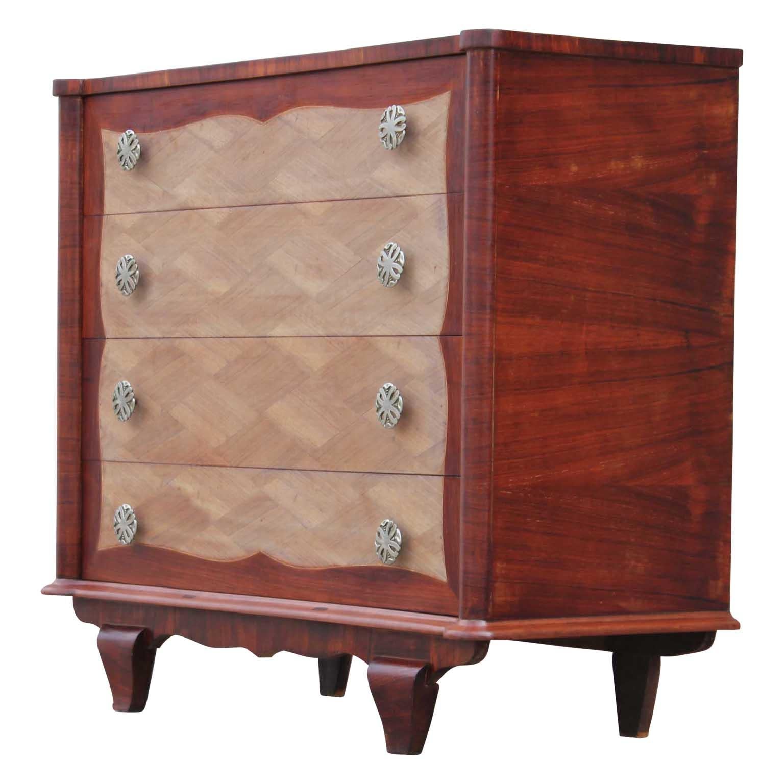 Beautiful modern four-drawer Italian parquetry restored rosewood chest, circa 1950s.