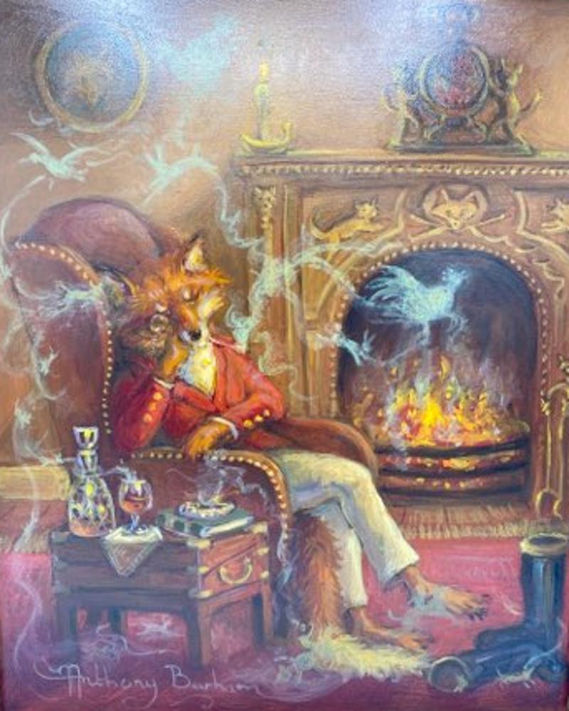 Original Modern Fox Relaxing by Fireplace Oil on Board Painting by Middleburg, VA artist, Anthony Barham.
Beautiful colors depict a characterized fox relaxing by the fireplace after a hunt. This painting is made extra special by the hidden painting