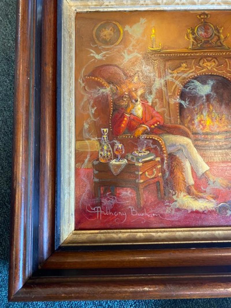 Modern Fox Relaxing by Fireplace Oil on Board Painting by Anthony Barham In New Condition In Middleburg, VA