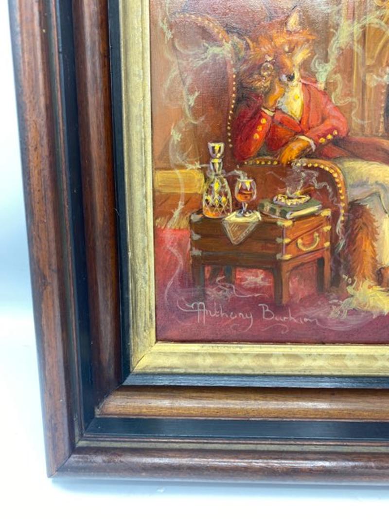 Contemporary Modern Fox Relaxing by Fireplace Oil on Board Painting by Anthony Barham