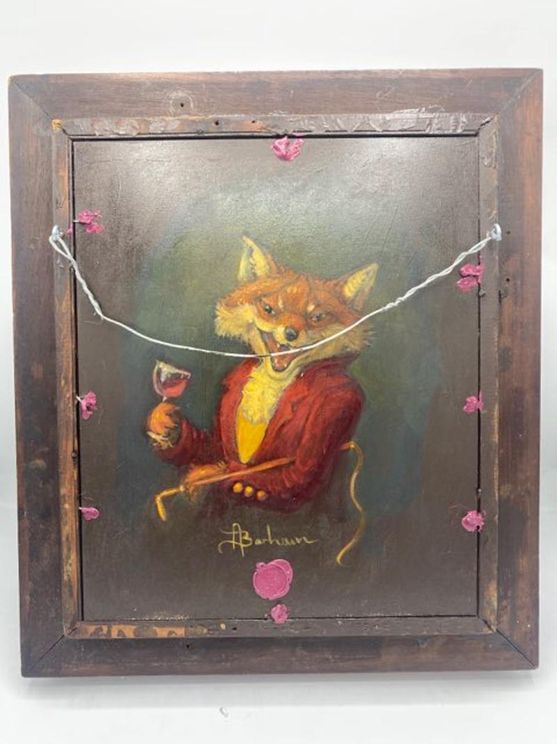 Modern Fox Relaxing by Fireplace Oil on Board Painting by Anthony Barham 1