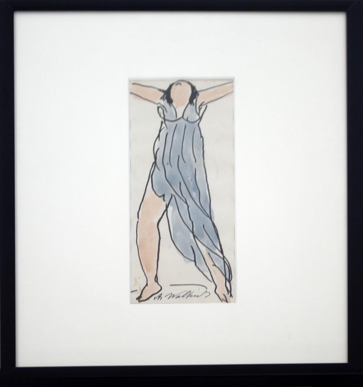 For your consideration is a lovely, ink and watercolor drawing of a woman in a blue dress, signed by American artist Abraham Walkowitz. The dimensions are 11.25