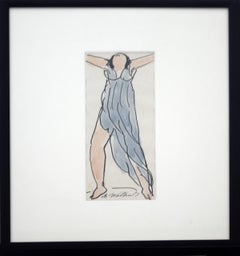 Modern Framed Abraham Walkowitz Blue Dress Small Ink Watercolor Drawing Painting