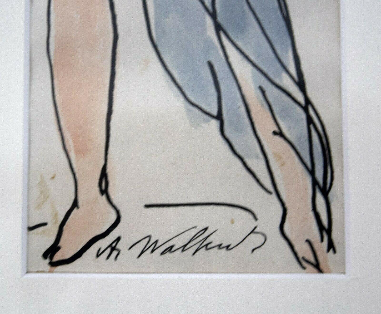 20th Century Modern Framed Abraham Walkowitz Blue Dress Small Ink Watercolor Drawing Painting