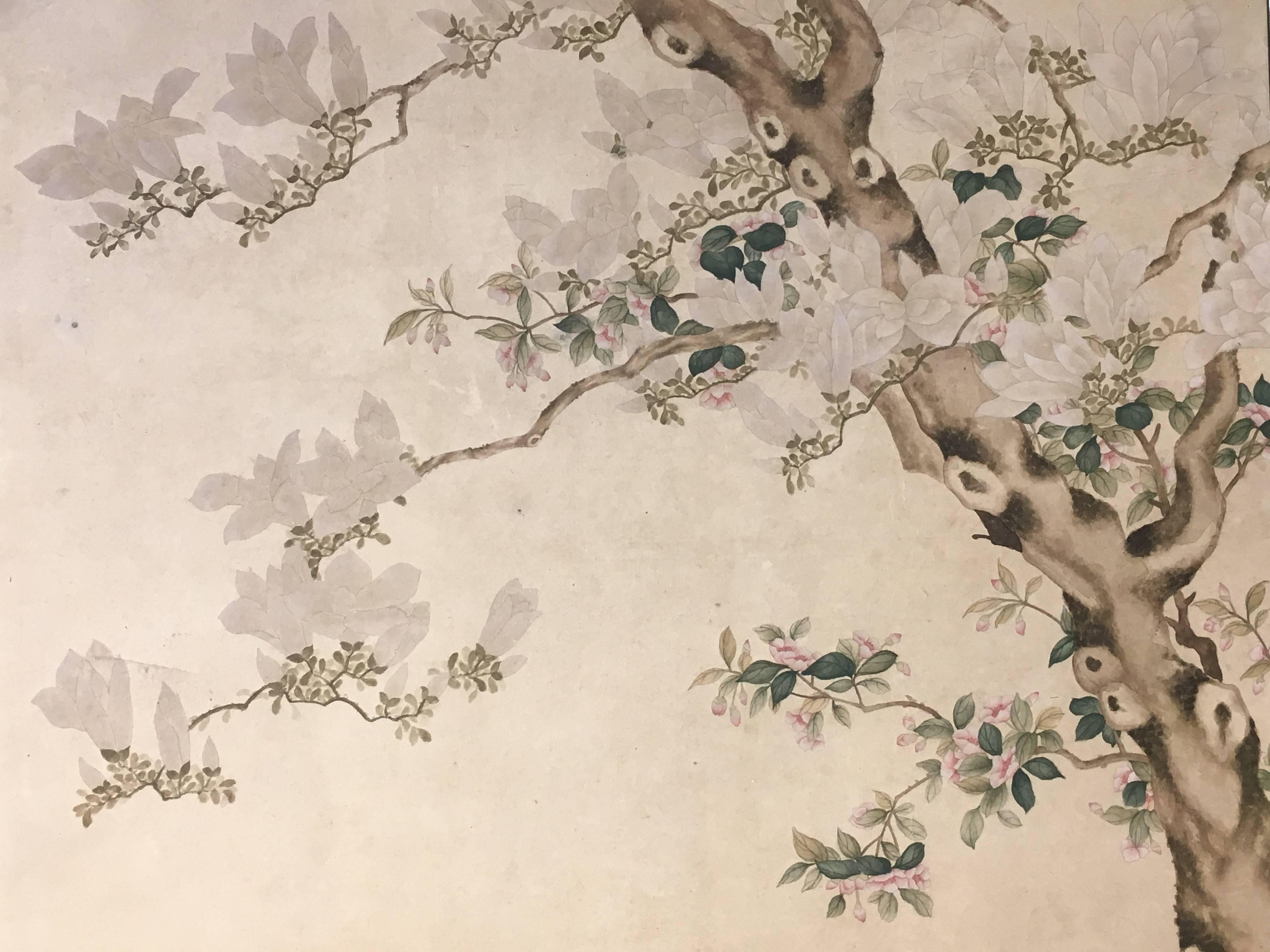 Modern Framed Chinese Hand-Painted Chinoiserie Wallpaper Style Panel 2