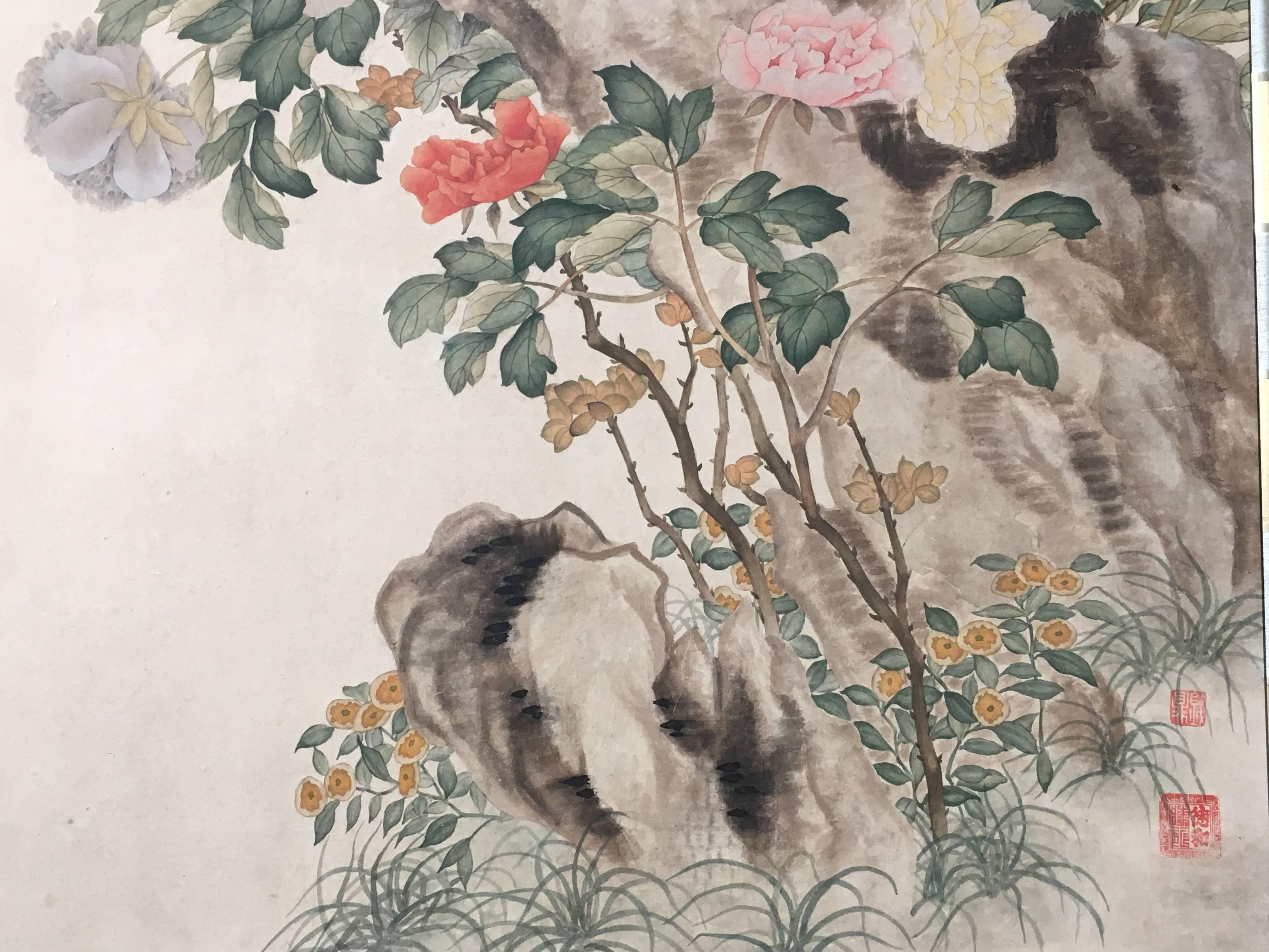 Modern Framed Chinese Hand-Painted Chinoiserie Wallpaper Style Panel 3