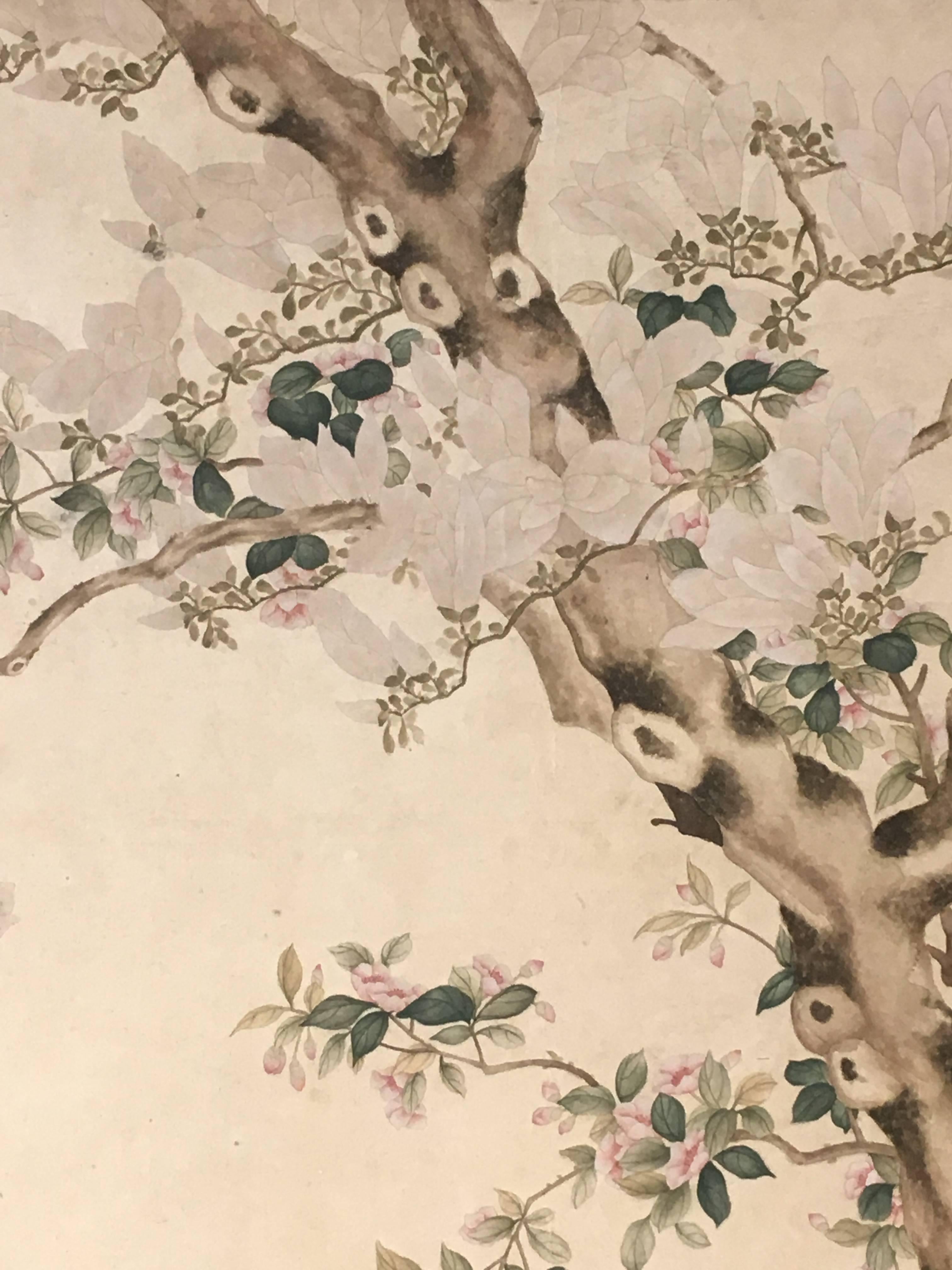 Modern Framed Chinese Hand-Painted Chinoiserie Wallpaper Style Panel 4
