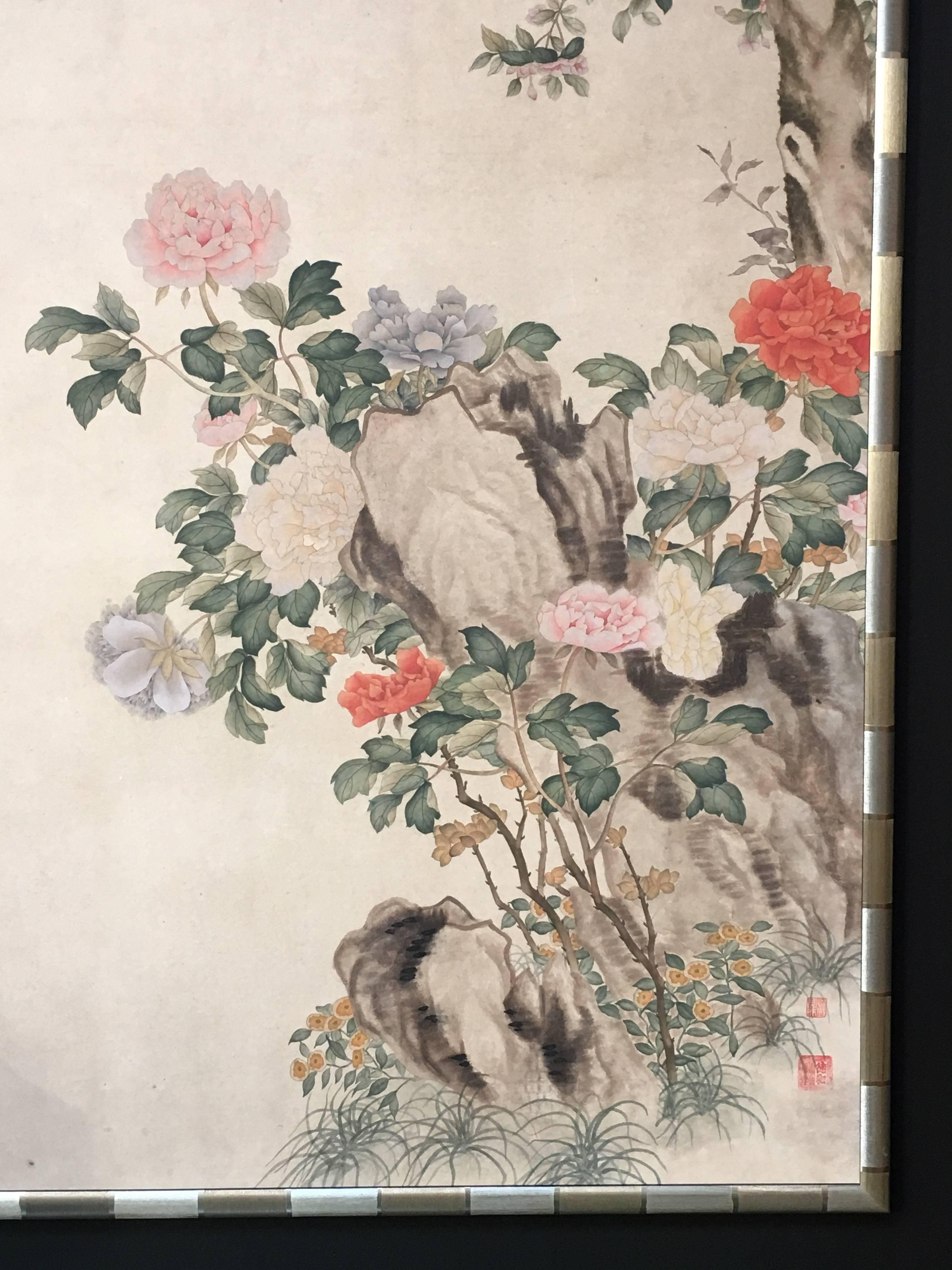 Modern Framed Chinese Hand-Painted Chinoiserie Wallpaper Style Panel 5