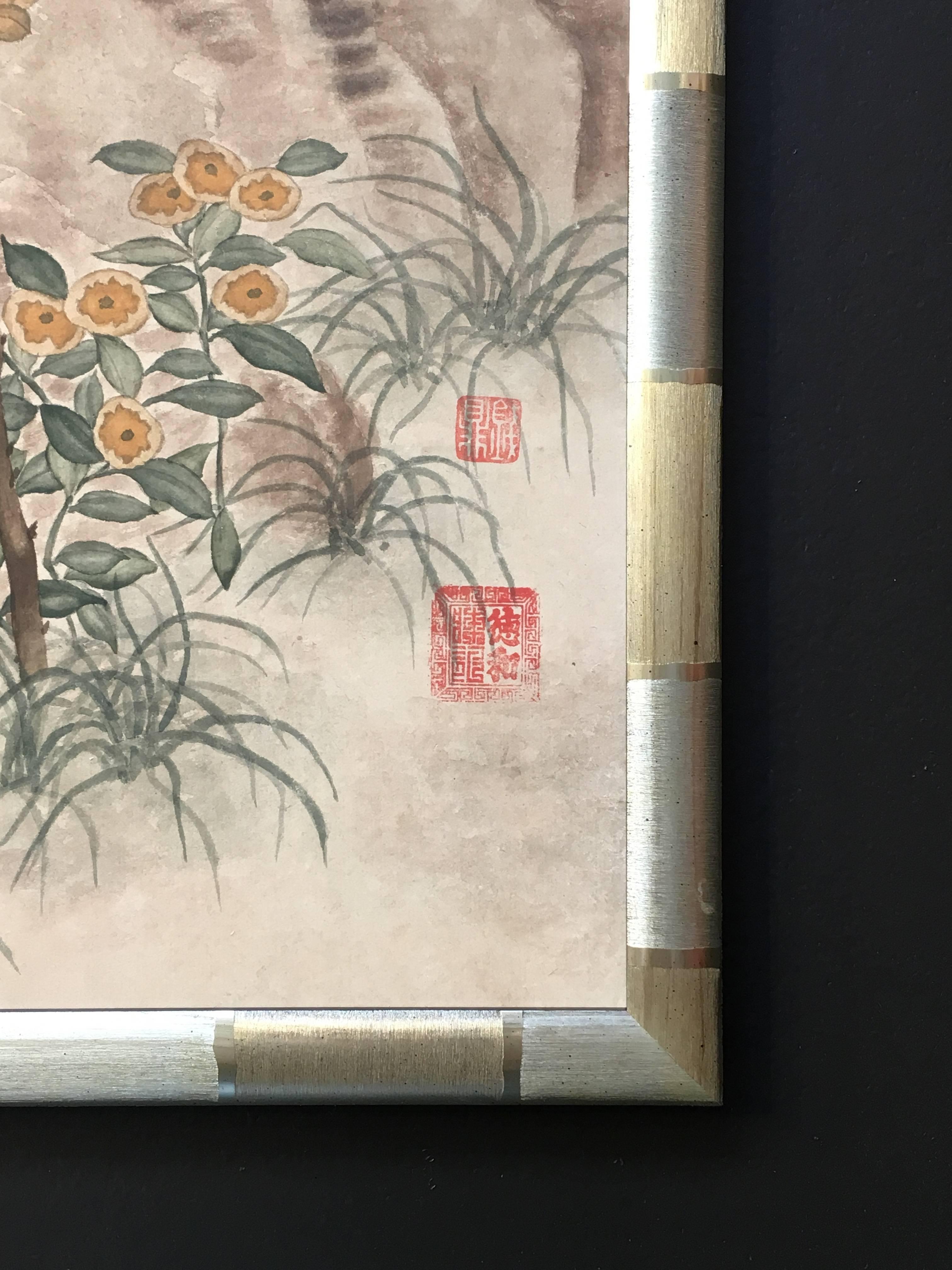 Modern Framed Chinese Hand-Painted Chinoiserie Wallpaper Style Panel In Good Condition In Austin, TX
