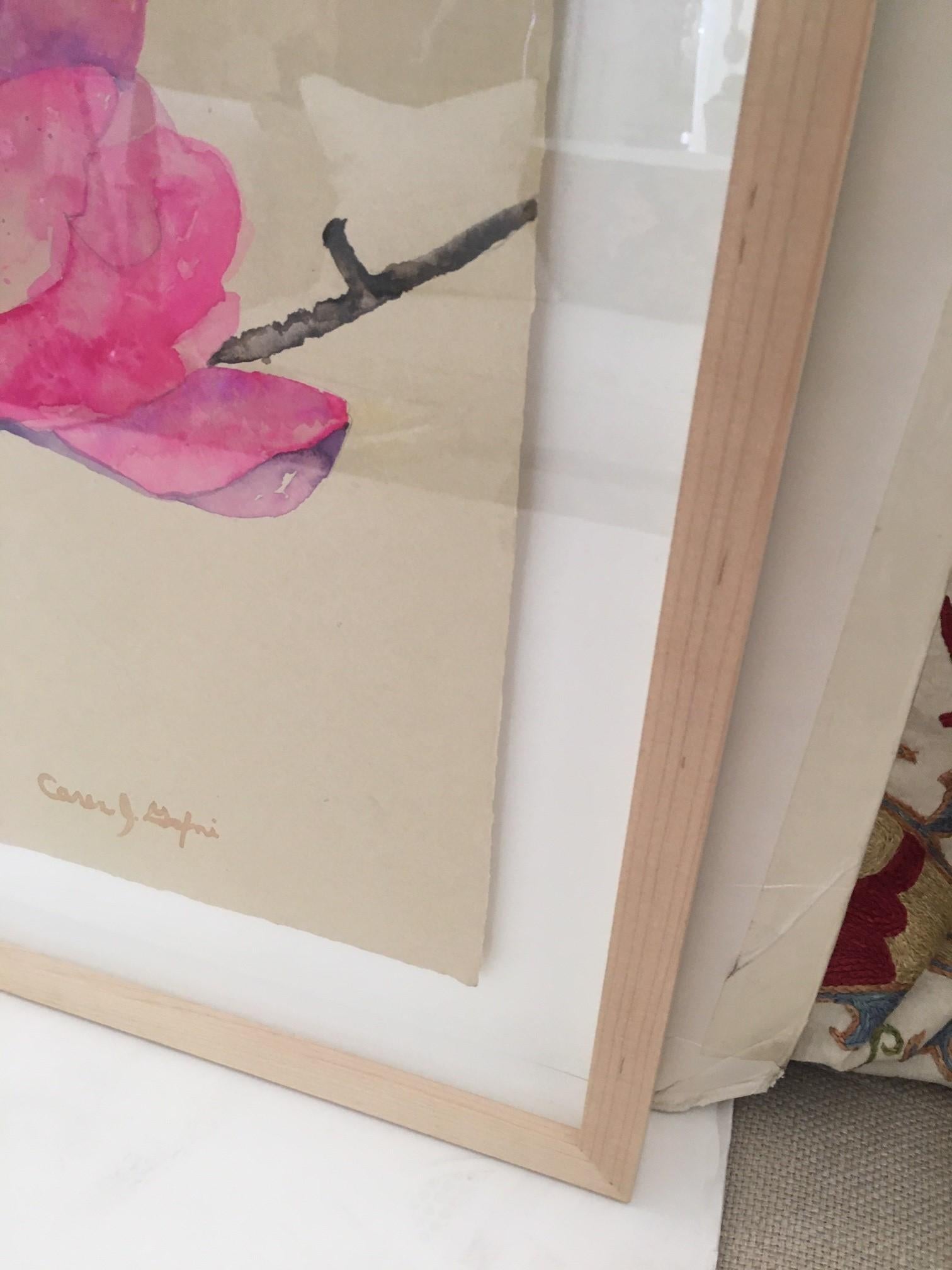 Peinture florale originale contemporaine encadrée de Caren Gafni, aquarelle peinte à la main sur papier de riz, cadre en bois de 1,5