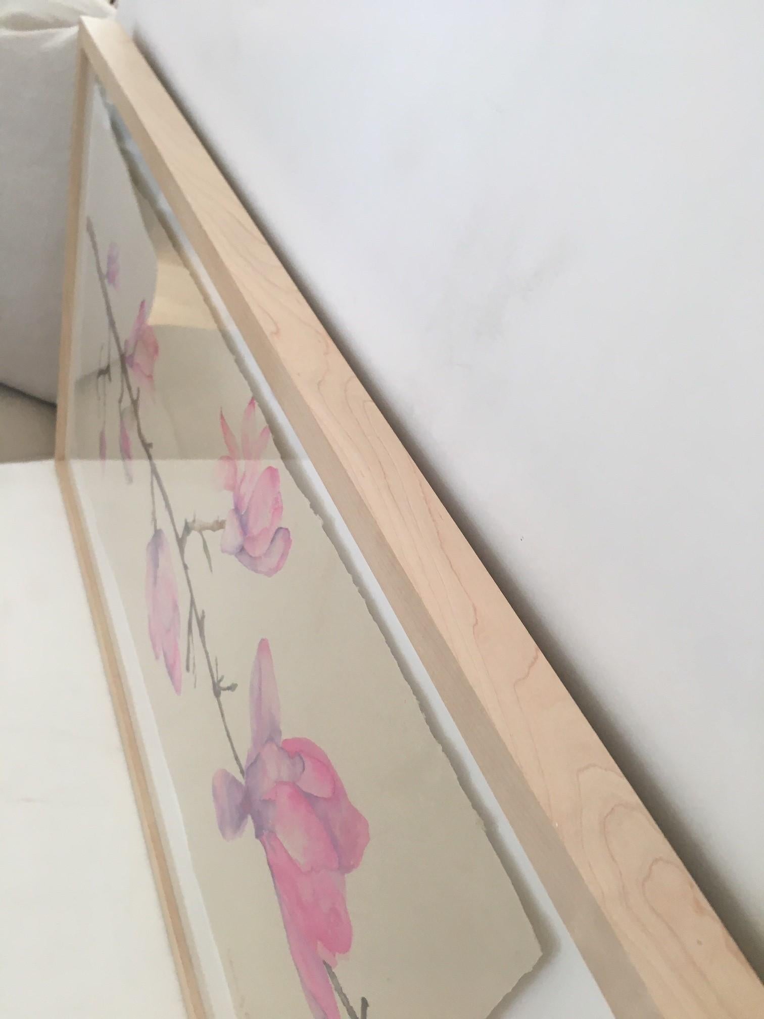 Brossé Aquarelle florale originale sur papier de riz encadrée de Caren Gafni en vente