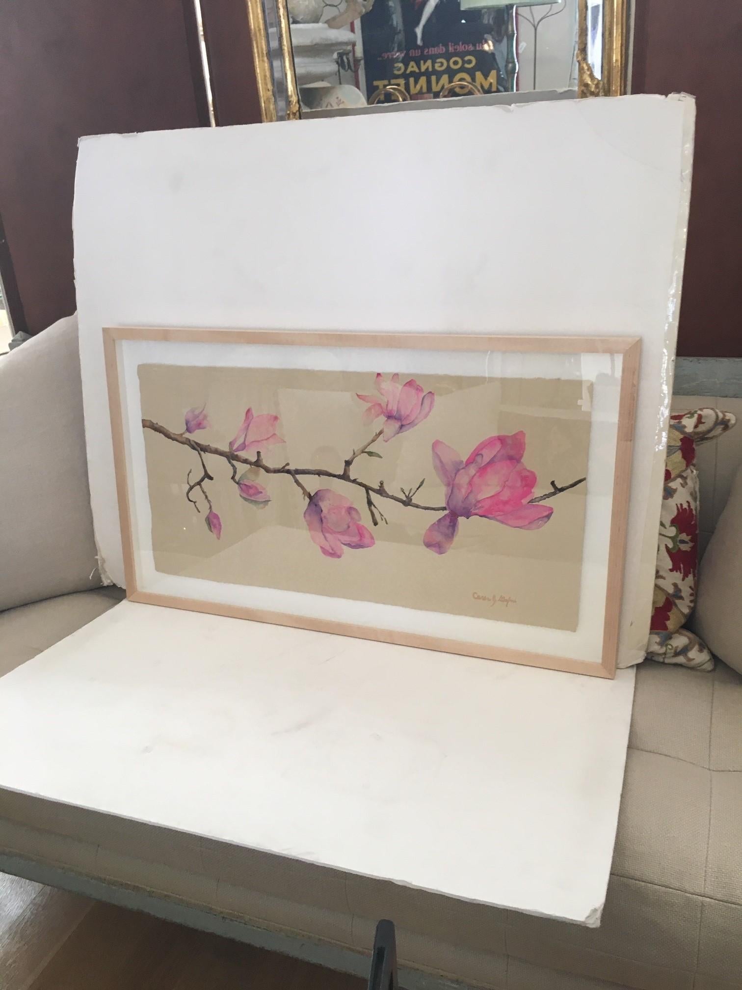 XXIe siècle et contemporain Aquarelle florale originale sur papier de riz encadrée de Caren Gafni en vente