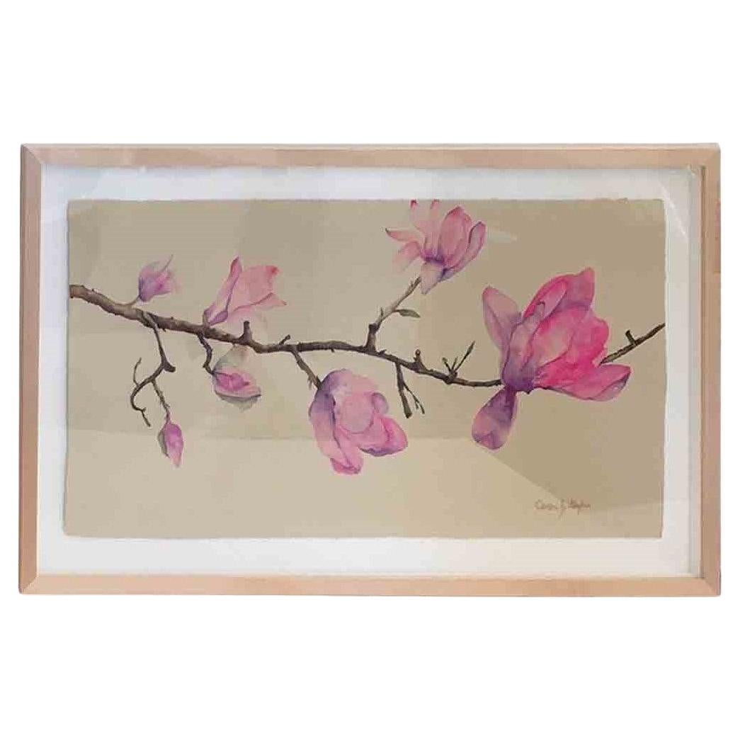 Modern Framed Original Floral Watercolor on Rice Paper Painting by Caren Gafni