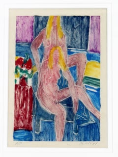 Nudo moderno incorniciato dipinto a mano Linocut Monotipo firmato Matt Phillips, anni '70