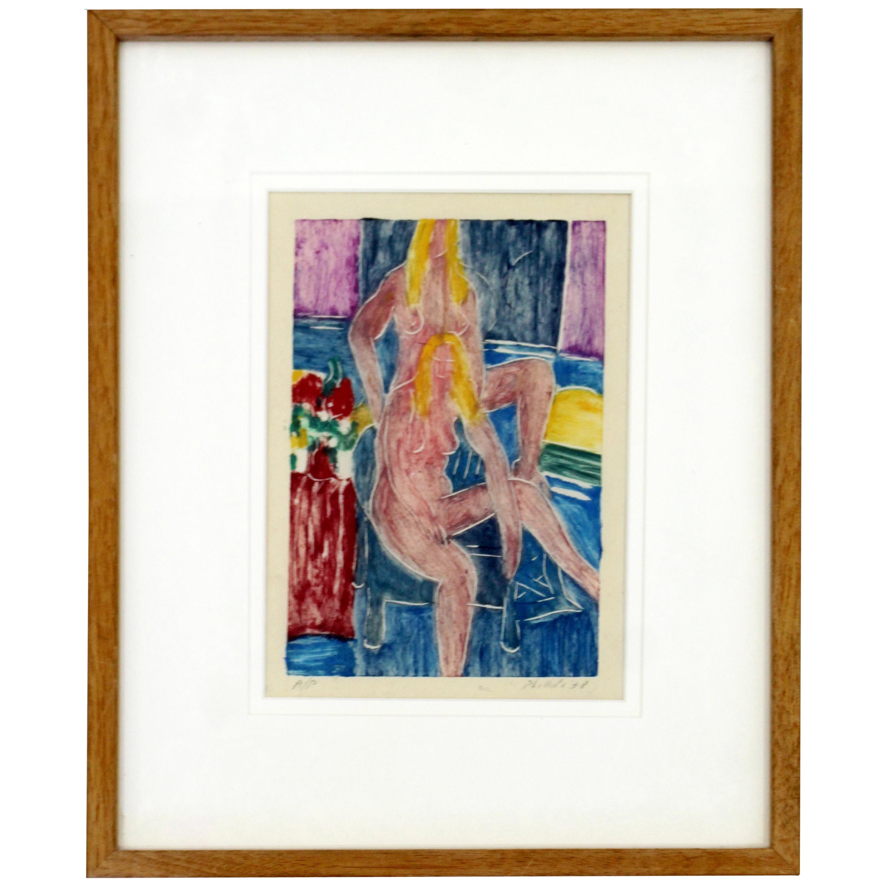 Modern Framed Nudes Hand Painted Linocut Monotype Signed Matt Phillips, 1970s For Sale