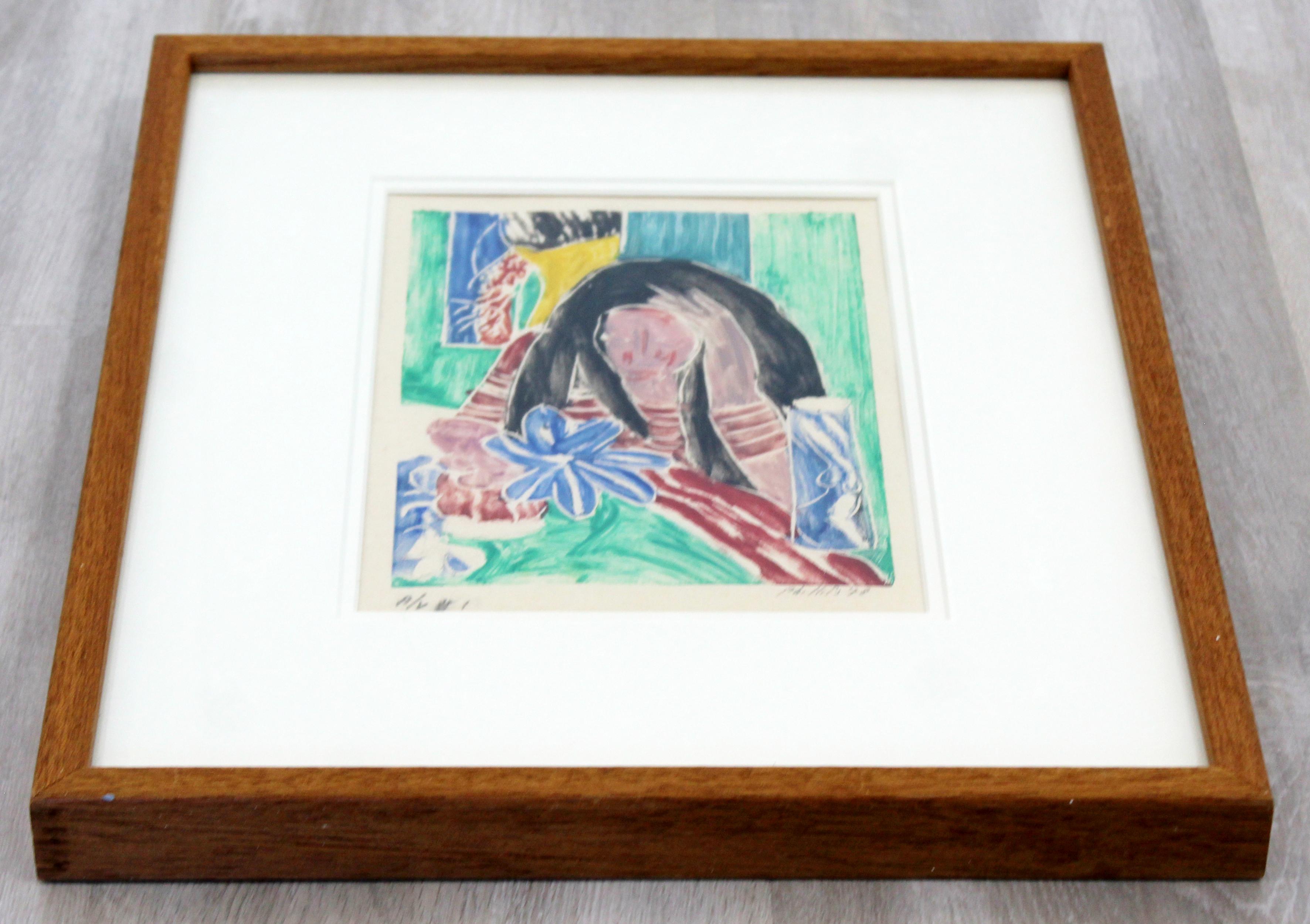 Modern Framed Woman Hand Painted Linocut Monotype Signed Matt Phillips, 1970s In Good Condition In Keego Harbor, MI