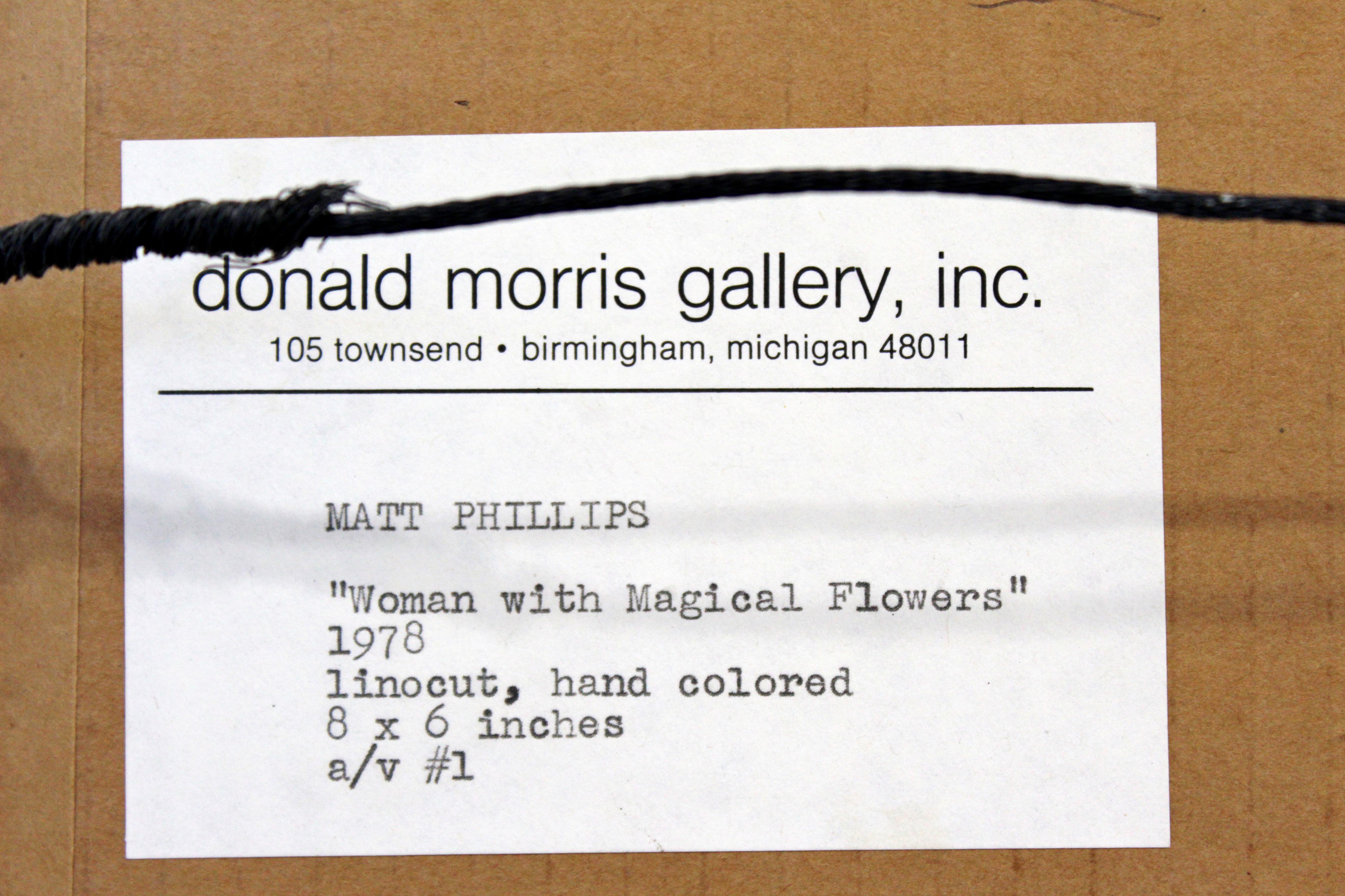 Paper Modern Framed Woman Hand Painted Linocut Monotype Signed Matt Phillips, 1970s
