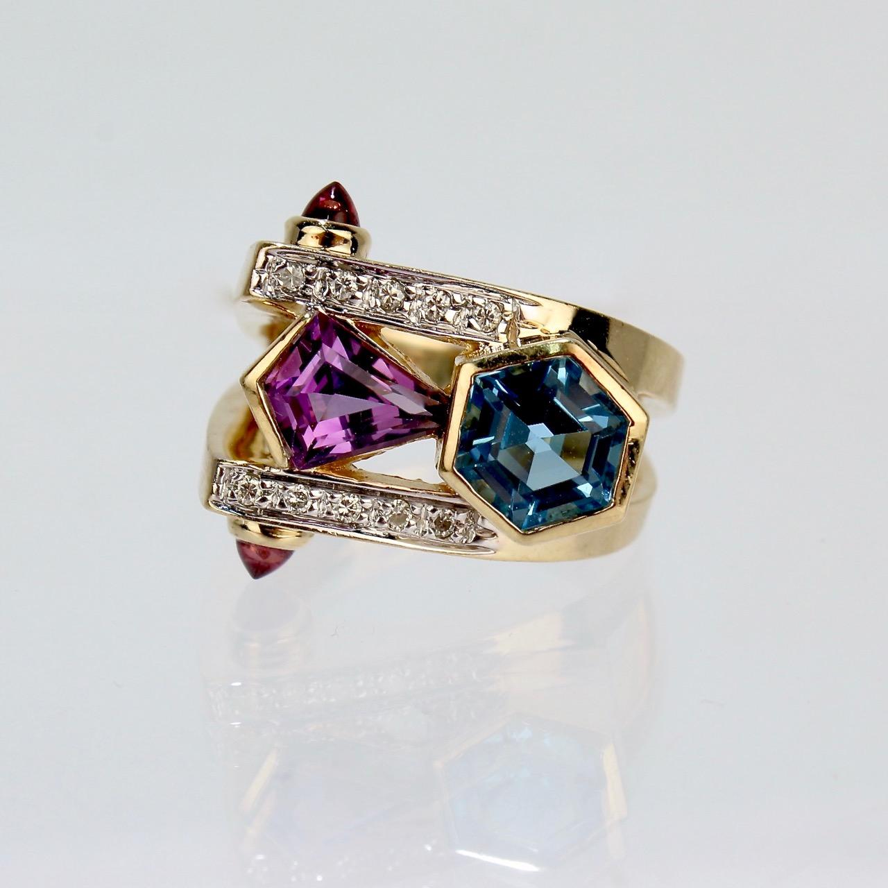 Women's or Men's Modern Frank Ellman Blue Topaz, Amethyst Diamond and 14 Karat Gold Cocktail Ring