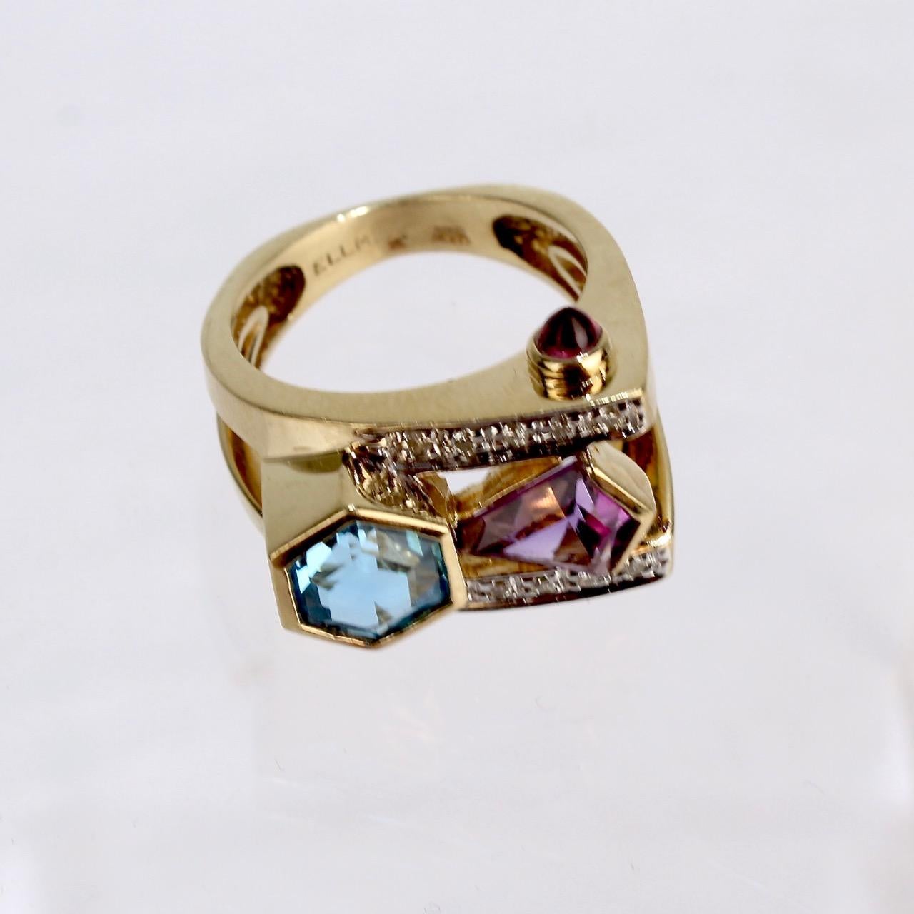 Modern Frank Ellman Blue Topaz, Amethyst Diamond and 14 Karat Gold Cocktail Ring 4