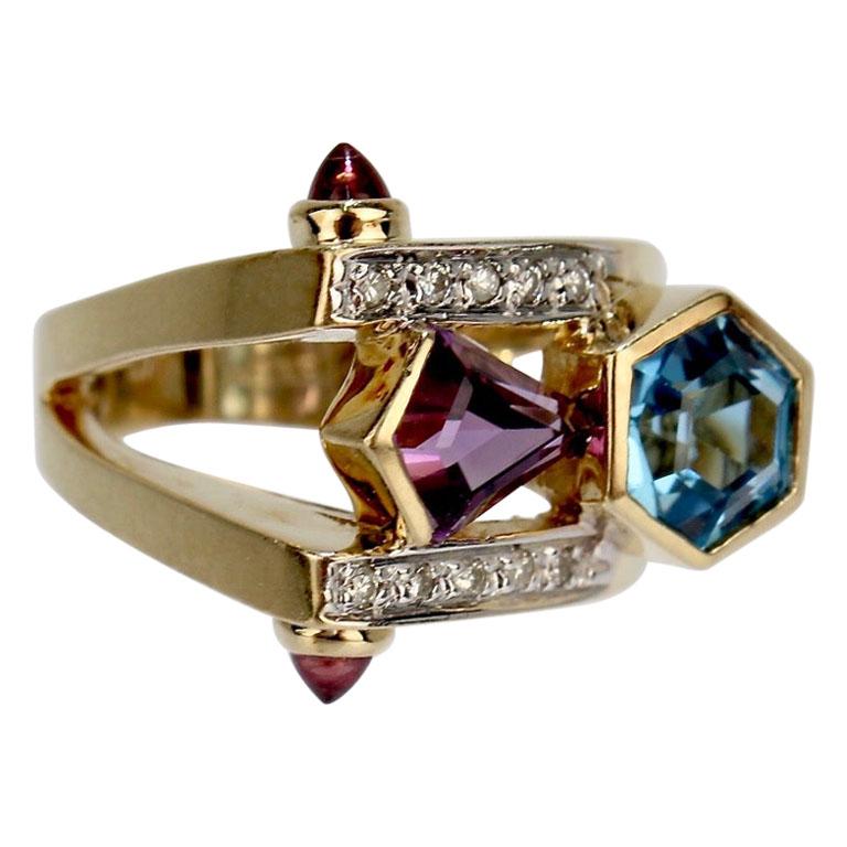 Modern Frank Ellman Blue Topaz, Amethyst Diamond and 14 Karat Gold Cocktail Ring