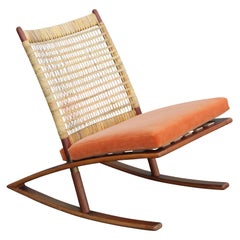 Vintage Modern Fredrik Kayser Teak Cane and Mohair Rocking Chair