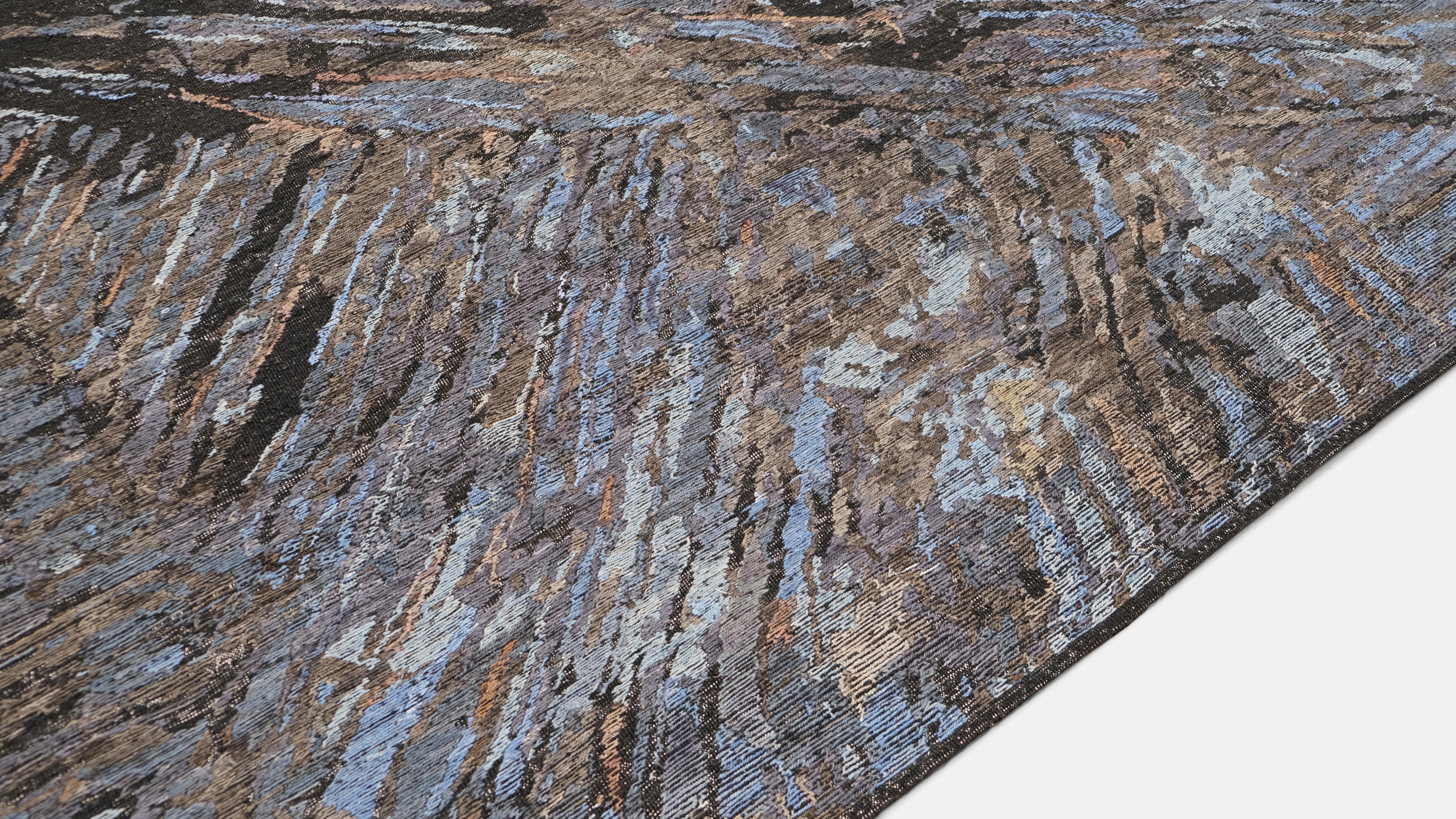 Pakistani Modern French Abstract Blue and Charcoal Wool and Silk Rug 9'2''x12'1'' For Sale