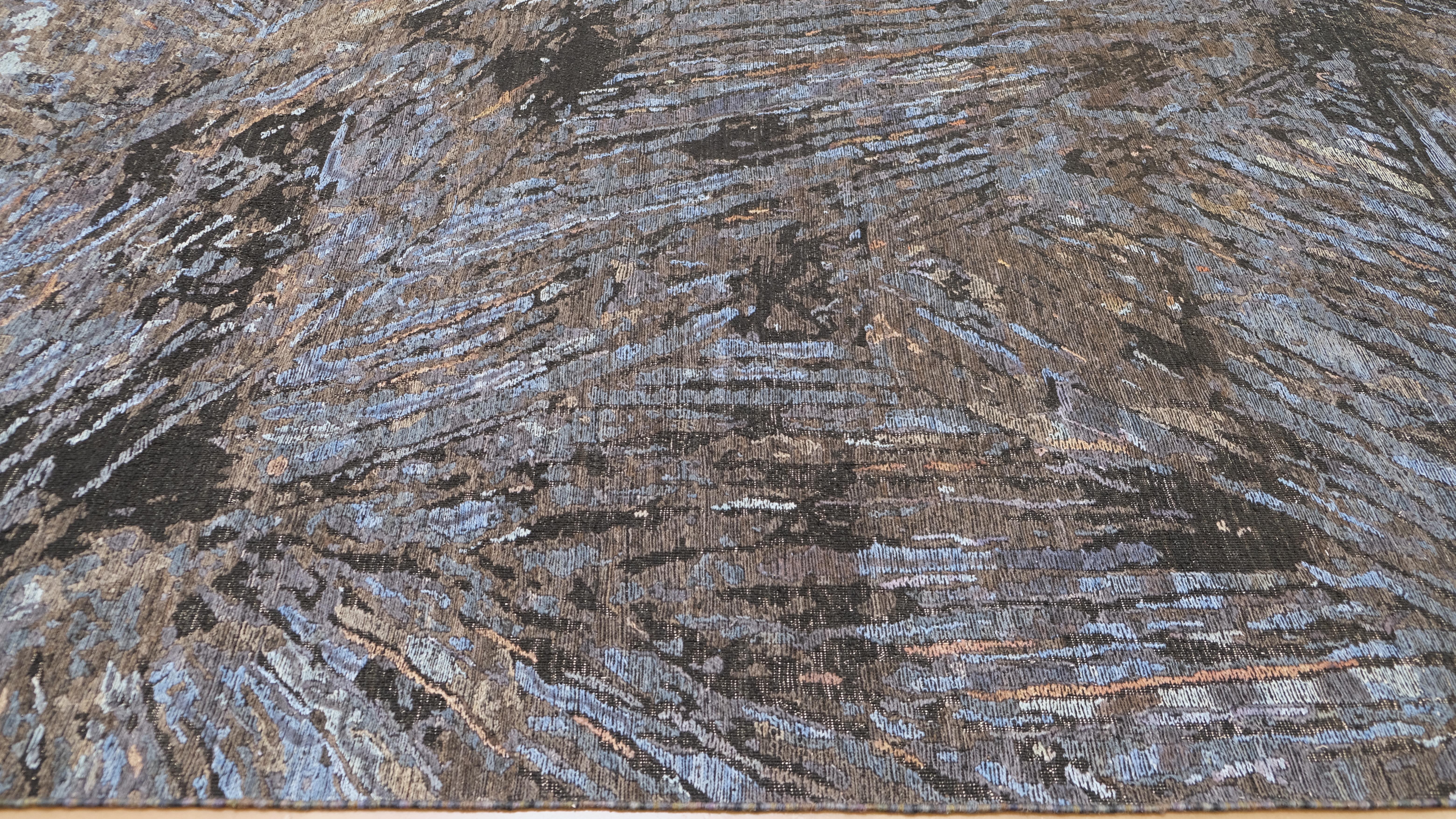 Hand-Knotted Modern French Abstract Blue and Charcoal Wool and Silk Rug 9'2''x12'1'' For Sale