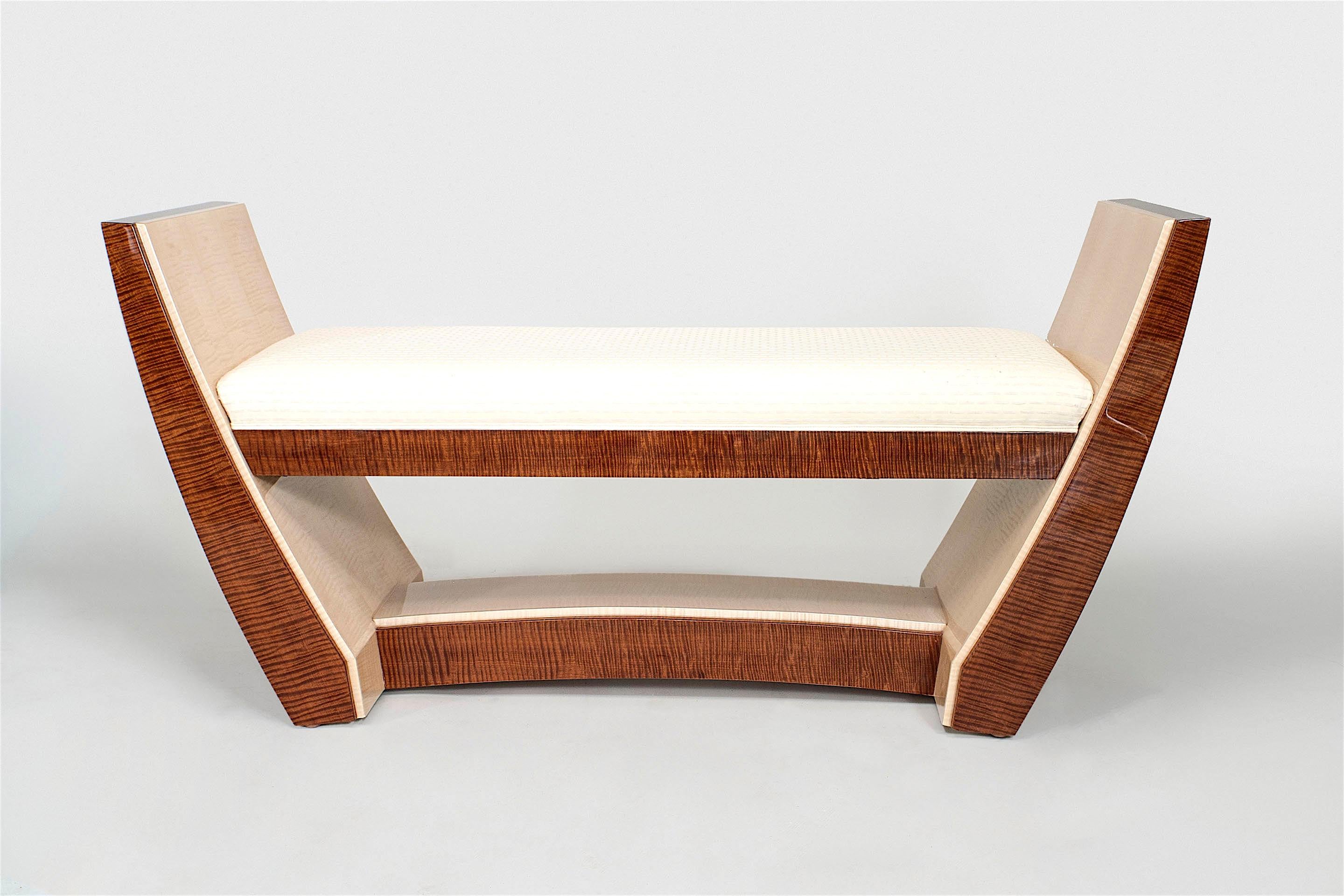 French Art Deco style makore & sycamore bench with flared side arms & upholstered seat with a stretcher (PRICED EACH) (2 in stock-CAN BE CUSTOMIZED)
